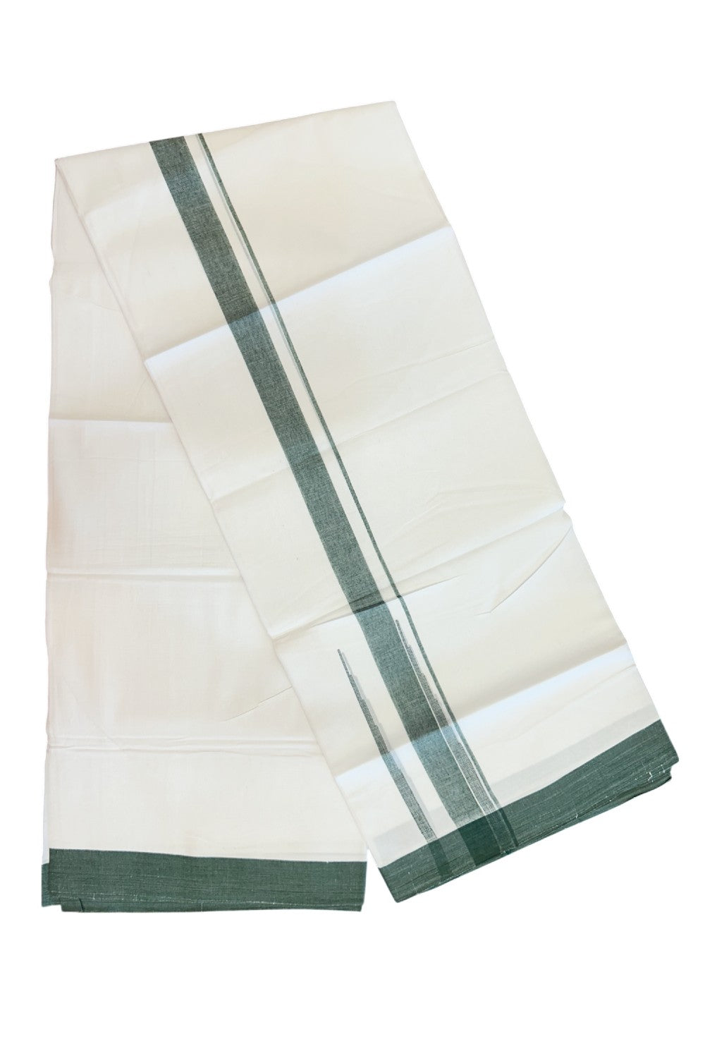 20% Discount ! Kaitharikada Balaramapuram 100% Cotton PURE WHITE Double Mundu/Dothi - 100x80 - 1.75 inch Green Shaded Chutty Kara - 54KK5182VAS