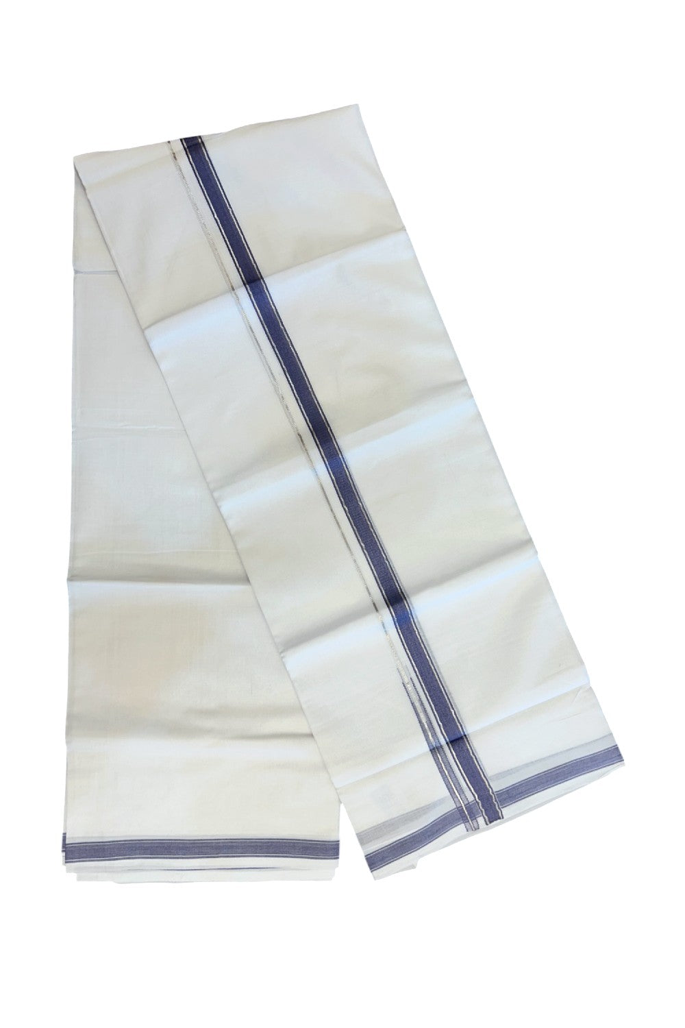 20% Discount !! Kaitharikada Balaramapuram 100% Cotton PURE WHITE Double Mundu/Dothi - 100x80 - 0.5 inch Silver Kasavu & Ash Blue Chutty Kara - 54KK5191CKS