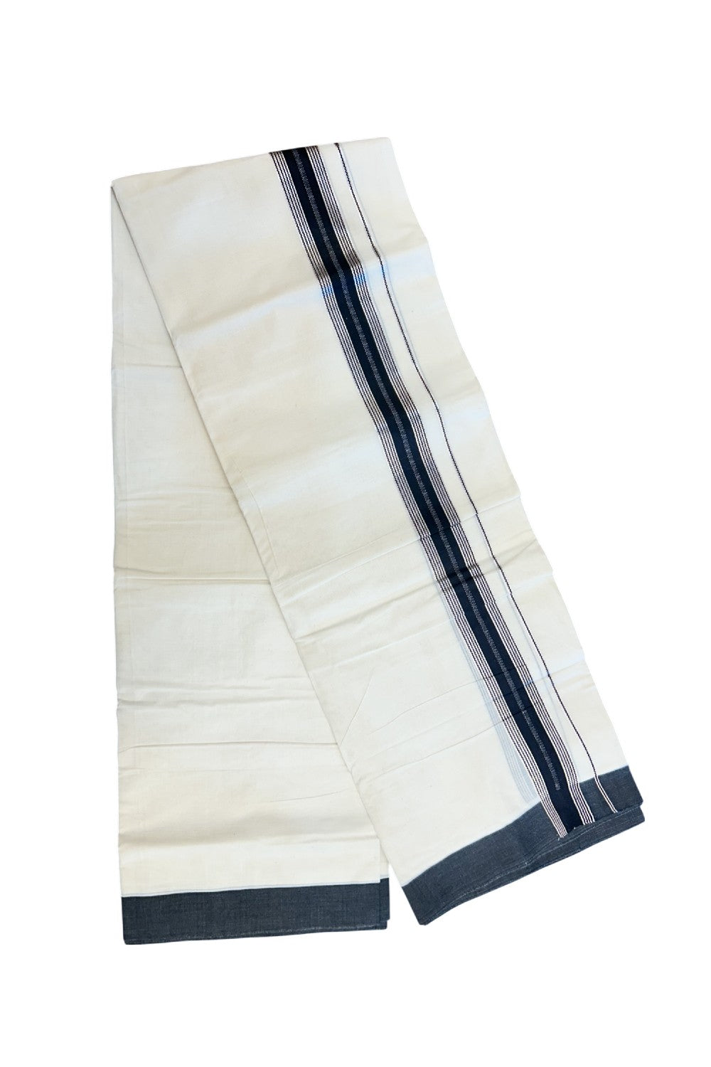 20% Discount ! KaithariKada Balaramapuram 100% Cotton Double OFF WHITE - (Unbleached) - Mundu / Dhoti- 100x80 - 1.5 inch Silver kasavu & Black striped kara - 54KK5213 VIN