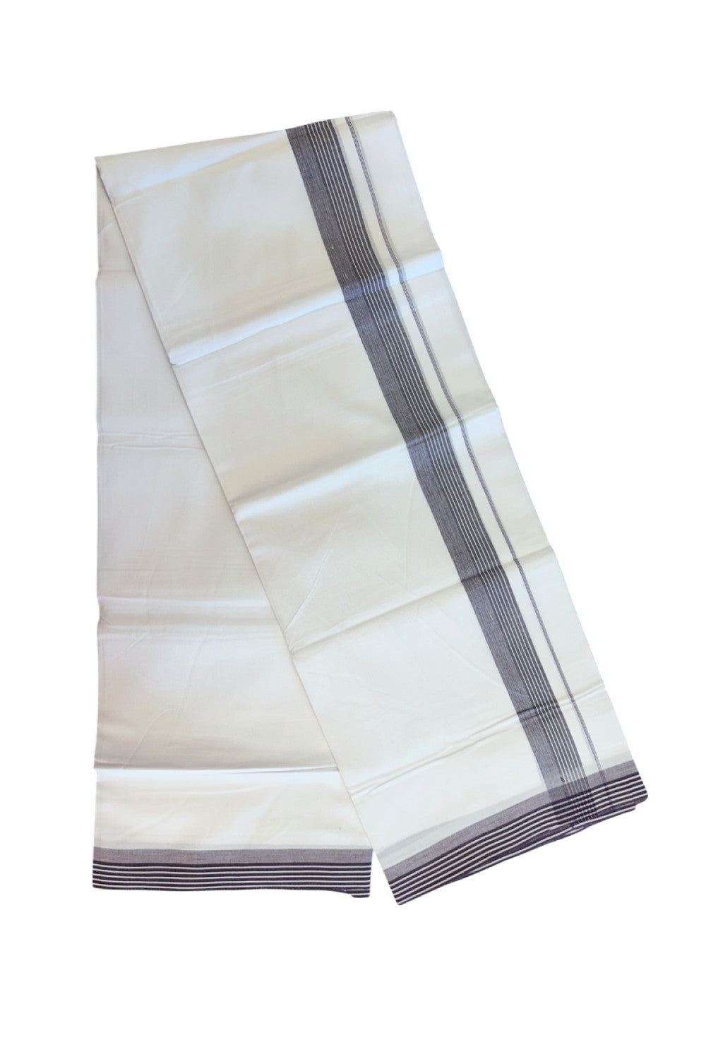 20% Discount ! Kaitharikada Balaramapuram 100% Cotton PURE WHITE Double Mundu/Dothi - 100x80 - 1.25 inch Wine Stripes Shaded Kara 3.75 mtr (8 muzham) - 52KK5220 THI