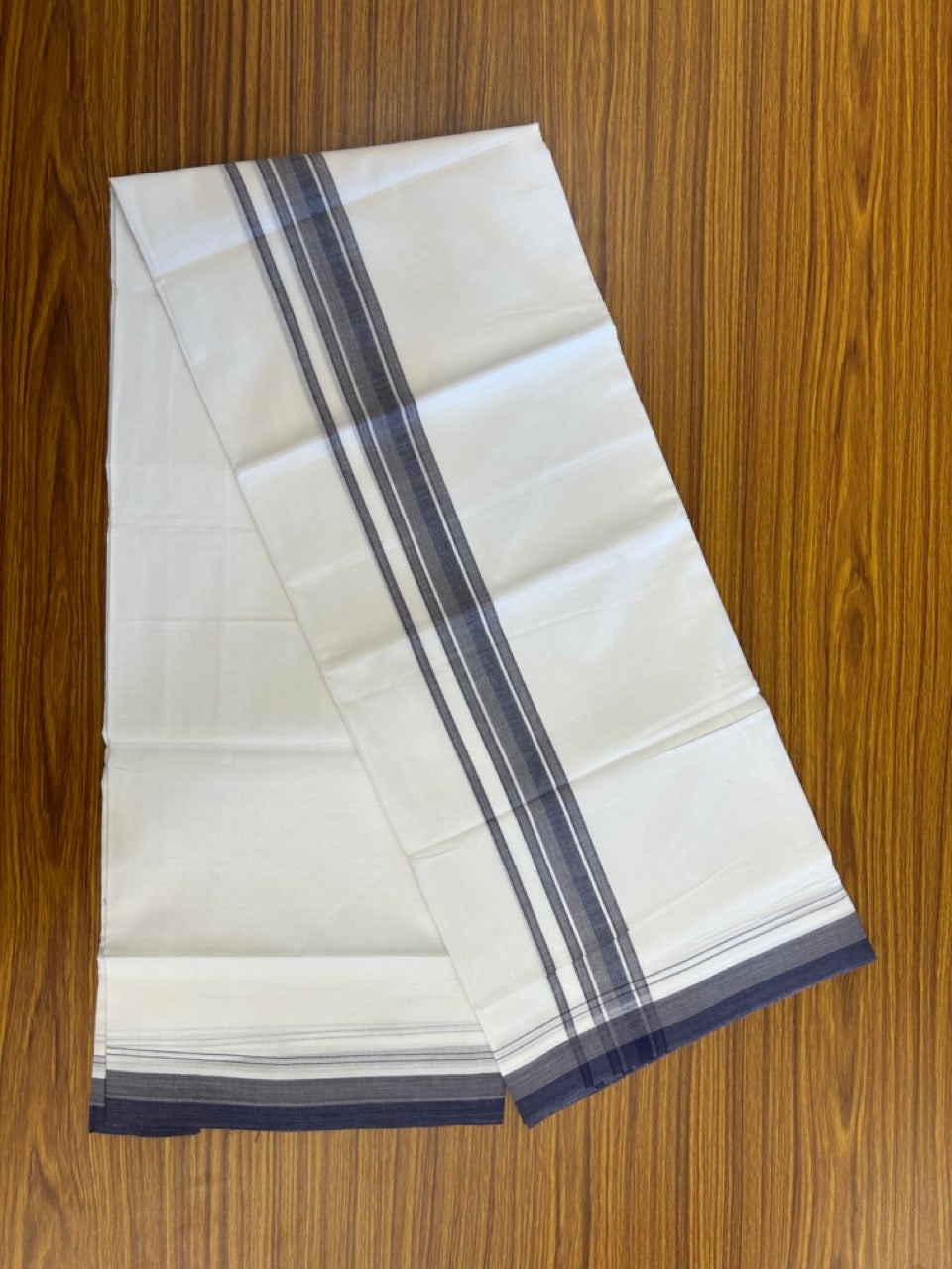 20% Discount ! NEW! KaithariKada Balaramapuram 100% Cotton Pure white Double Mundu/Dhoti - (100x80)s - 1.5 inch Navy Ash Mix Stripes Kara - 54 KK5249 VIN