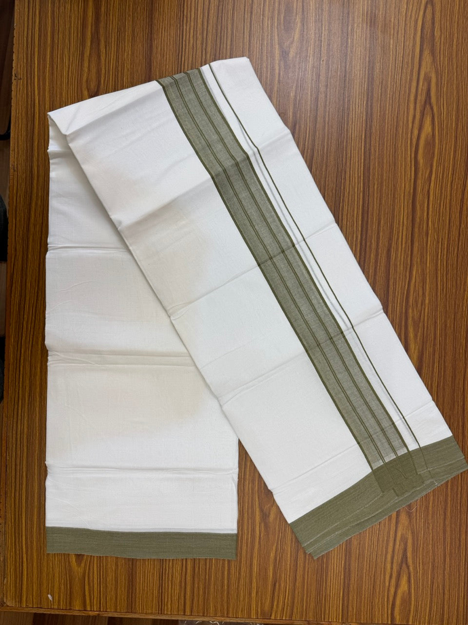4.5 Meters (10 Muzham) - Pure white double 25% Discount ! KaithariKada Balaramapuram - 100% Pure Cotton 100x80 - Mundu/Dothi - 2 inch Sage Green Shaded Kara - 54 KK5258 THI