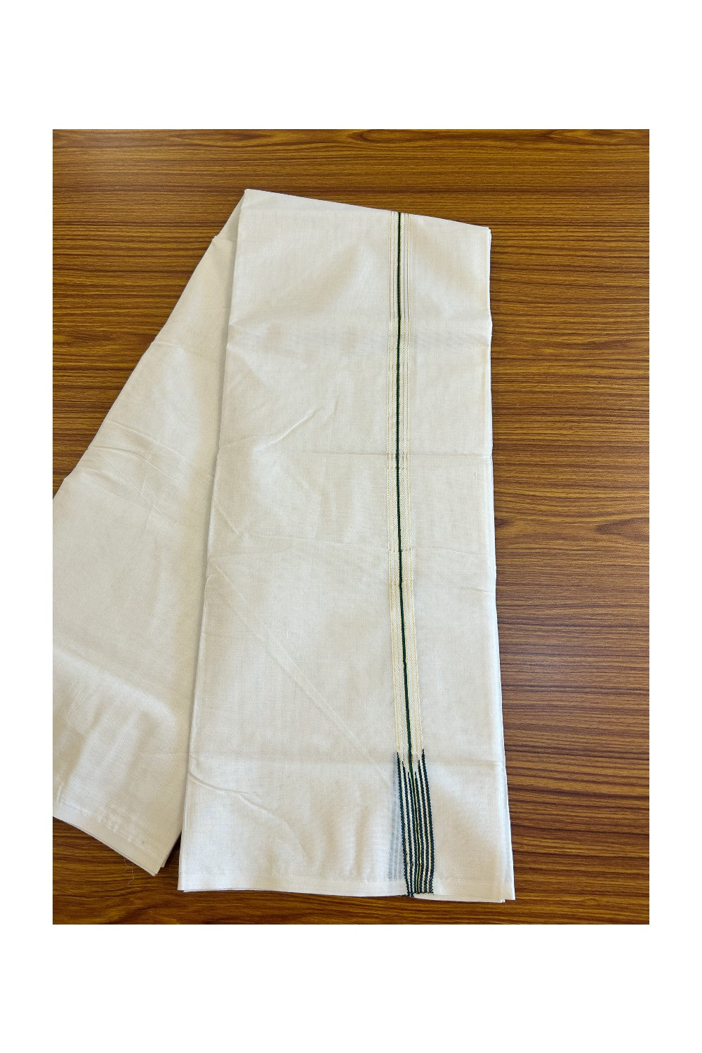 21% DISCOUNT!! KaithariKada Balaramapuram 100% Cotton OFF WHITE Double - (Unbleached) Mundu/Dhoti-100x100 2 cm Puliyilakkara chutty 6 line Kasavu & Dark Green - 54KK500KK
