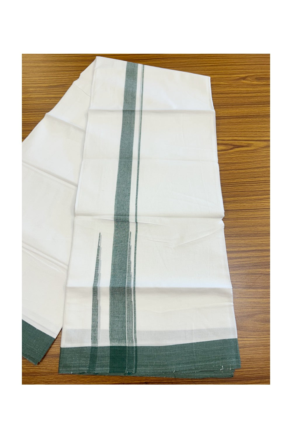 20% Discount ! Kaitharikada Balaramapuram 100% Cotton PURE WHITE Double Mundu/Dothi - 100x80 - 1.75 inch Green Shaded Chutty Kara - 54KK5182VAS