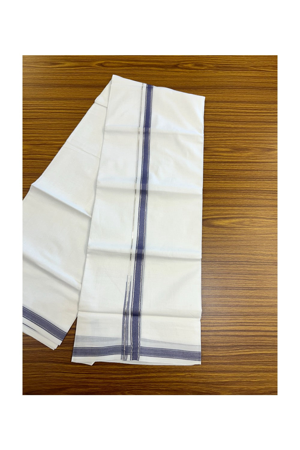 20% Discount !! Kaitharikada Balaramapuram 100% Cotton PURE WHITE Double Mundu/Dothi - 100x80 - 0.5 inch Silver Kasavu & Ash Blue Chutty Kara - 54KK5191CKS