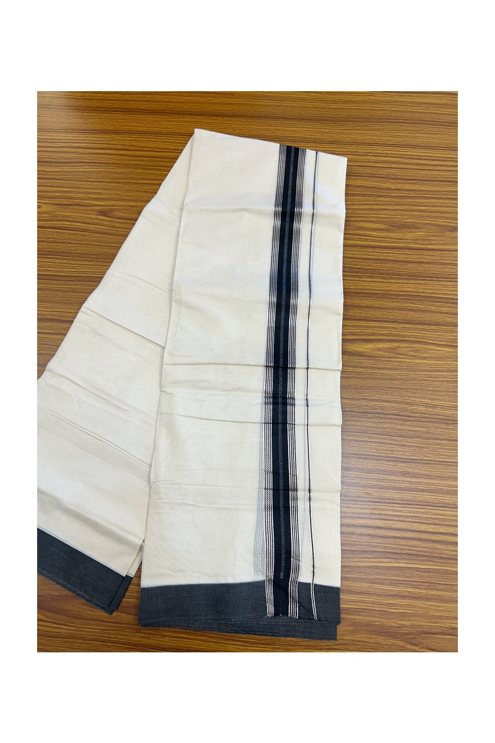 20% Discount ! KaithariKada Balaramapuram 100% Cotton Double OFF WHITE - (Unbleached) - Mundu / Dhoti- 100x80 - 1.5 inch Silver kasavu & Black striped kara - 54KK5213 VIN