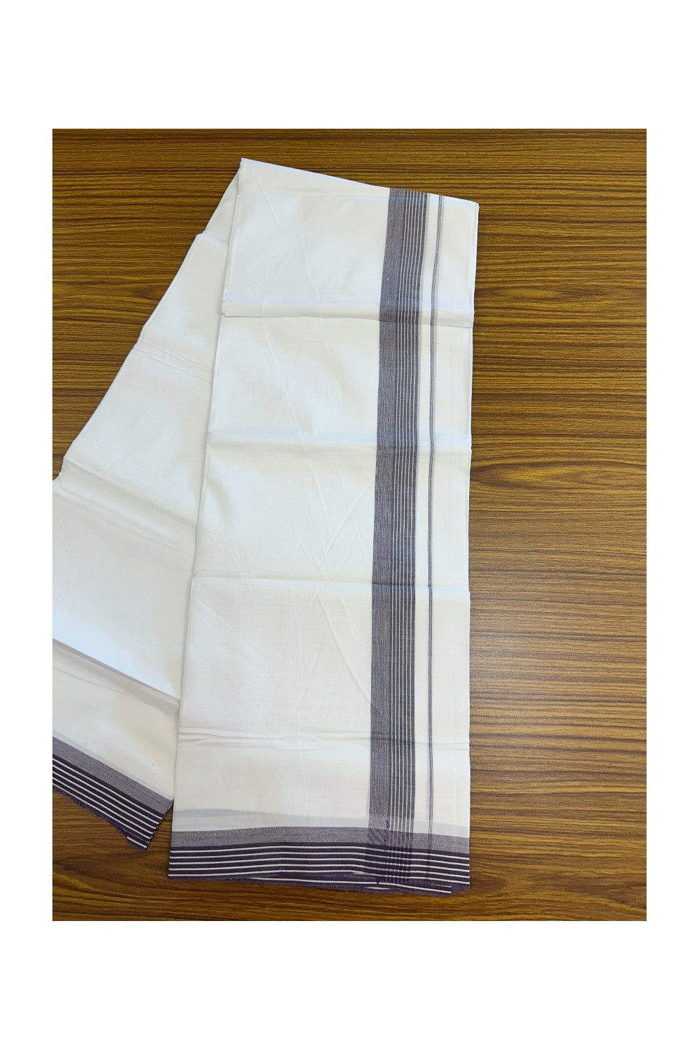 20% Discount ! Kaitharikada Balaramapuram 100% Cotton PURE WHITE Double Mundu/Dothi - 100x80 - 1.25 inch Wine Stripes Shaded Kara 3.75 mtr (8 muzham) - 52KK5220 THI