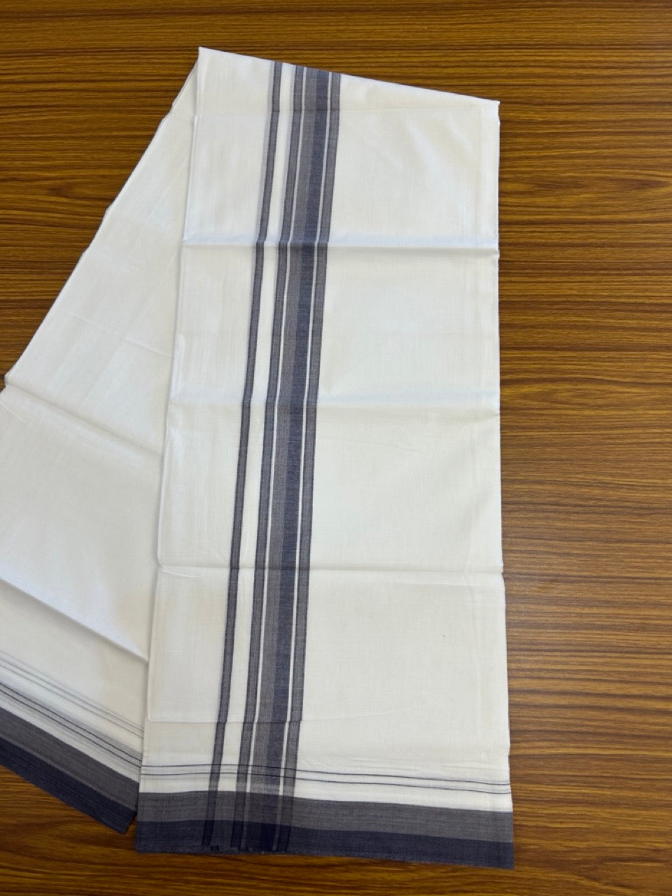 20% Discount ! NEW! KaithariKada Balaramapuram 100% Cotton Pure white Double Mundu/Dhoti - (100x80)s - 1.5 inch Navy Ash Mix Stripes Kara - 54 KK5249 VIN