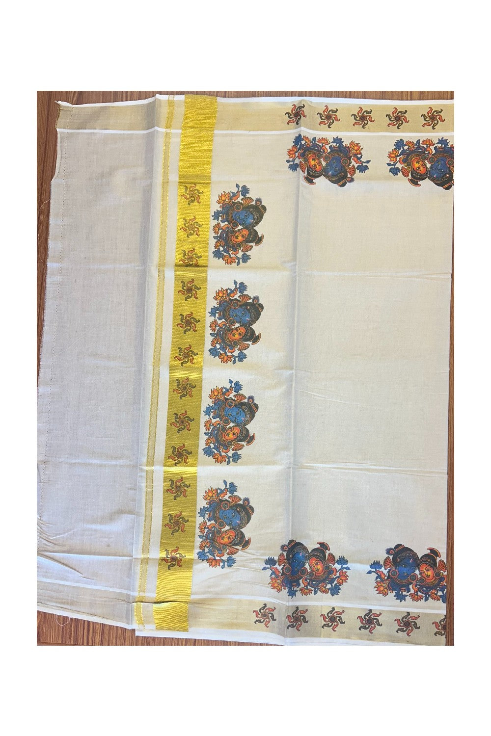 25% Discount! Kaitharikada Kerala Saree - Kasavu Tissue - Kasavu Zari & Mural Prints in BLUE & Gold- 53KK300VIN