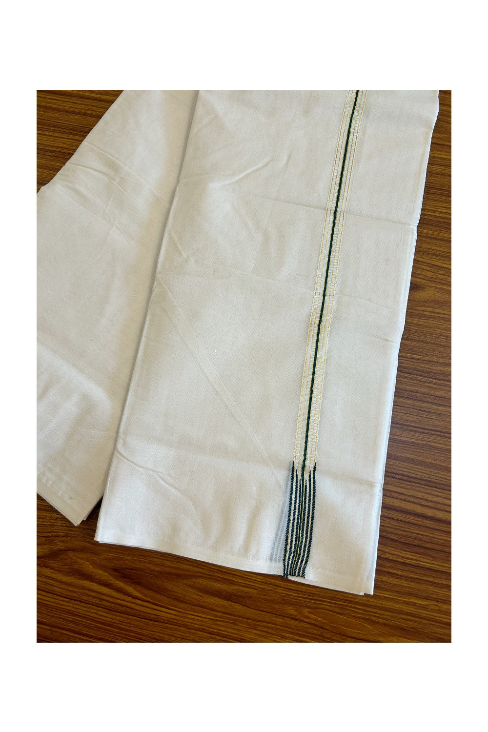 21% DISCOUNT!! KaithariKada Balaramapuram 100% Cotton OFF WHITE Double - (Unbleached) Mundu/Dhoti-100x100 2 cm Puliyilakkara chutty 6 line Kasavu & Dark Green - 54KK500KK