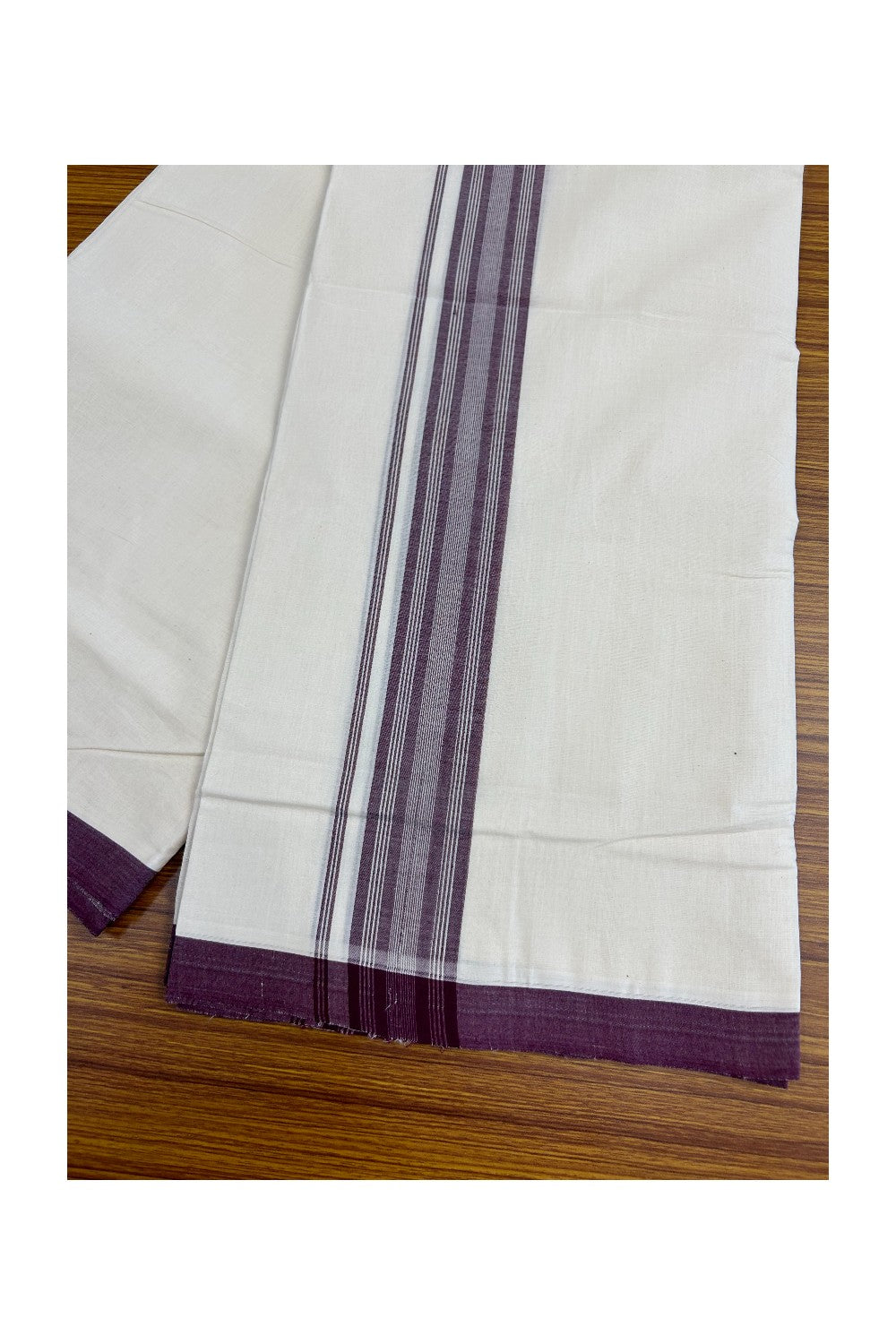 25% Discount!! KaithariKada HANDLOOM millpaav Balaramapuram - 100% PURE Cotton OFF White - (Unbleached) Double Mundu/Dothi - 2.75 inch Purple Striped Mulloth Kara 4.5 Meters (10 Muzham) - 54KK5029RAV