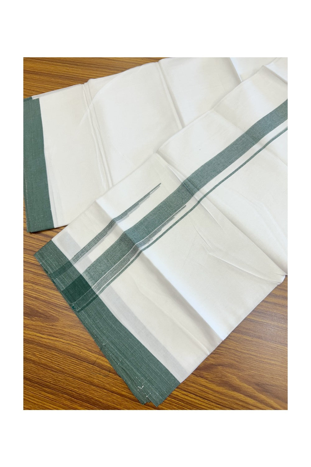 20% Discount ! Kaitharikada Balaramapuram 100% Cotton PURE WHITE Double Mundu/Dothi - 100x80 - 1.75 inch Green Shaded Chutty Kara - 54KK5182VAS