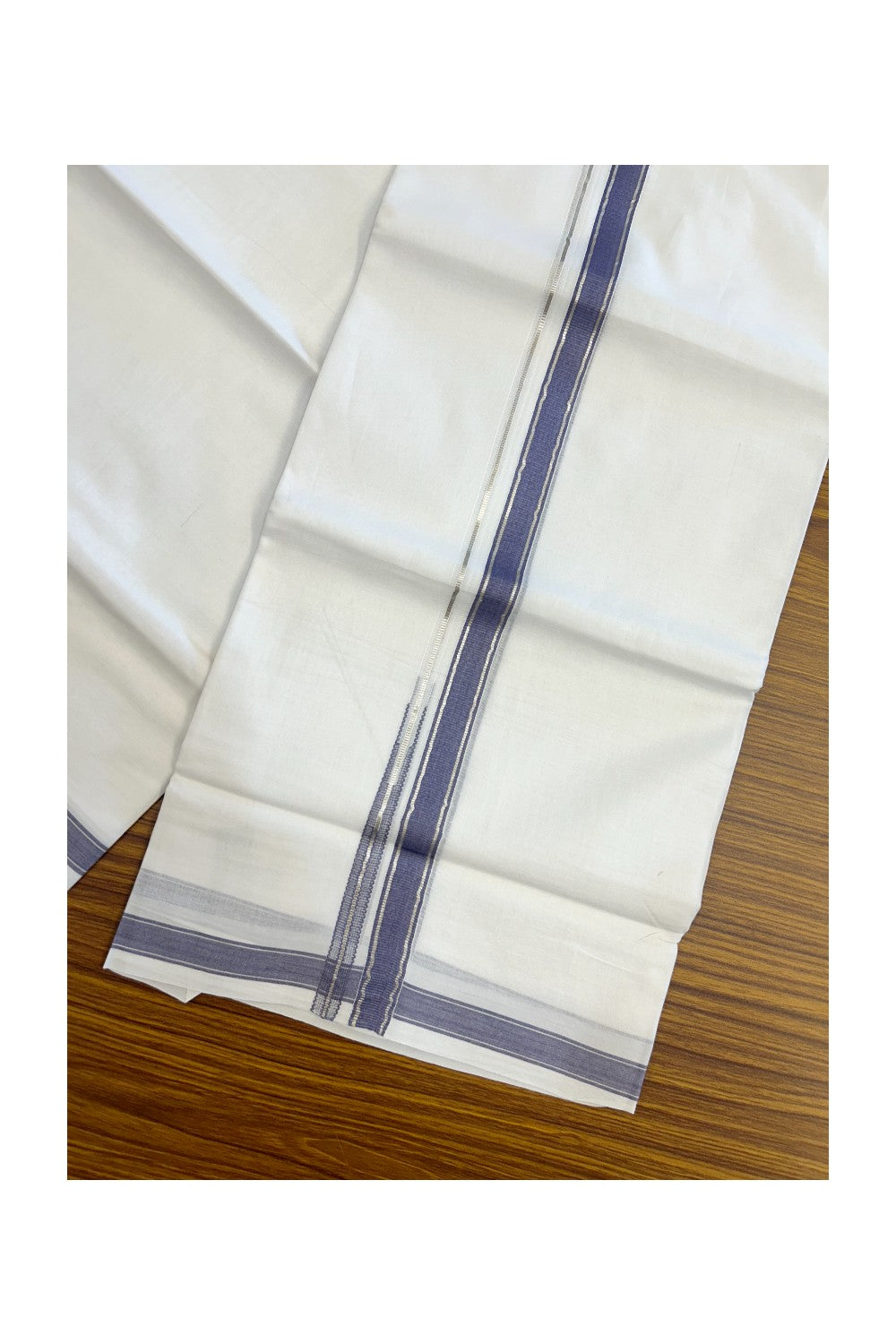 20% Discount !! Kaitharikada Balaramapuram 100% Cotton PURE WHITE Double Mundu/Dothi - 100x80 - 0.5 inch Silver Kasavu & Ash Blue Chutty Kara - 54KK5191CKS