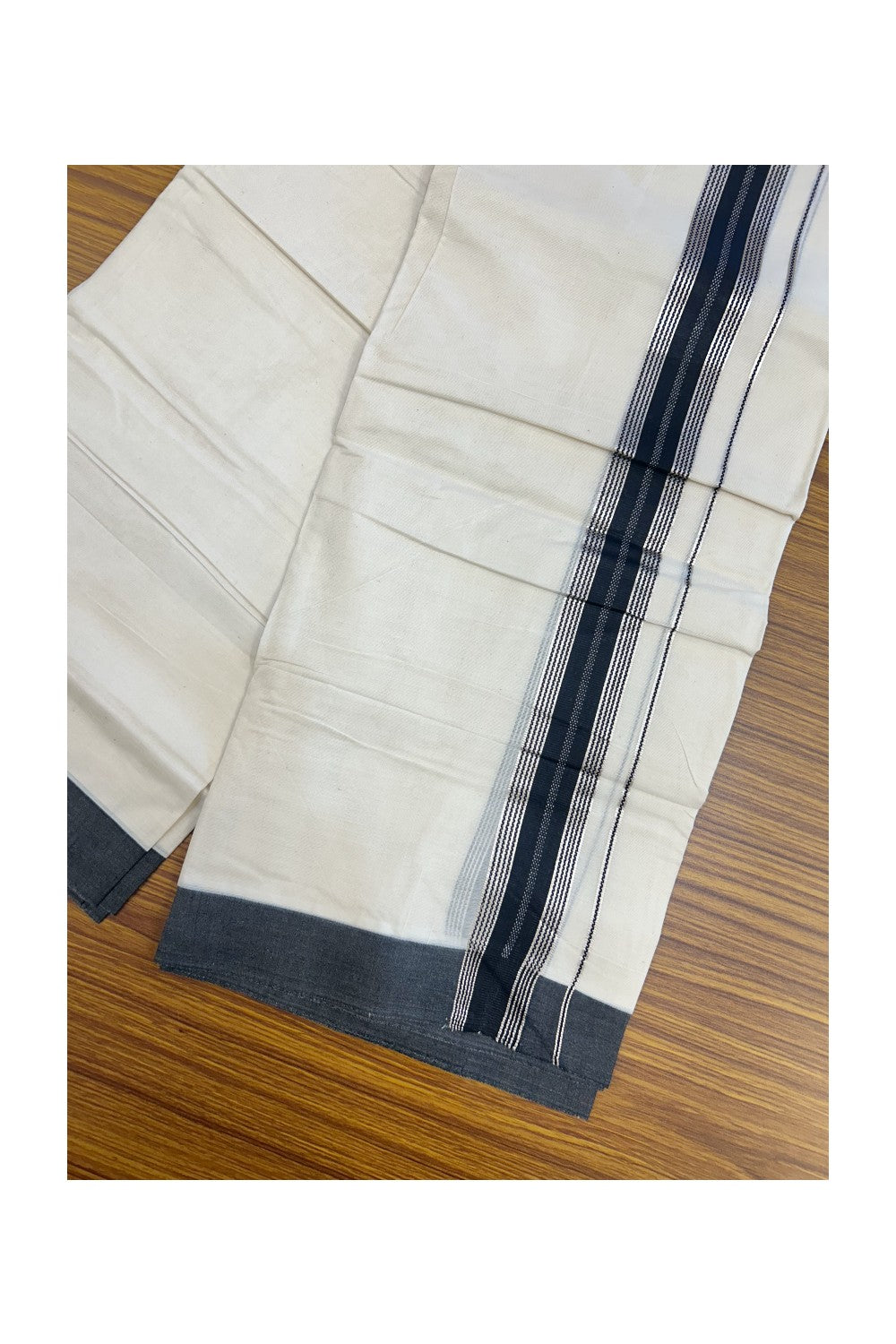 20% Discount ! KaithariKada Balaramapuram 100% Cotton Double OFF WHITE - (Unbleached) - Mundu / Dhoti- 100x80 - 1.5 inch Silver kasavu & Black striped kara - 54KK5213 VIN