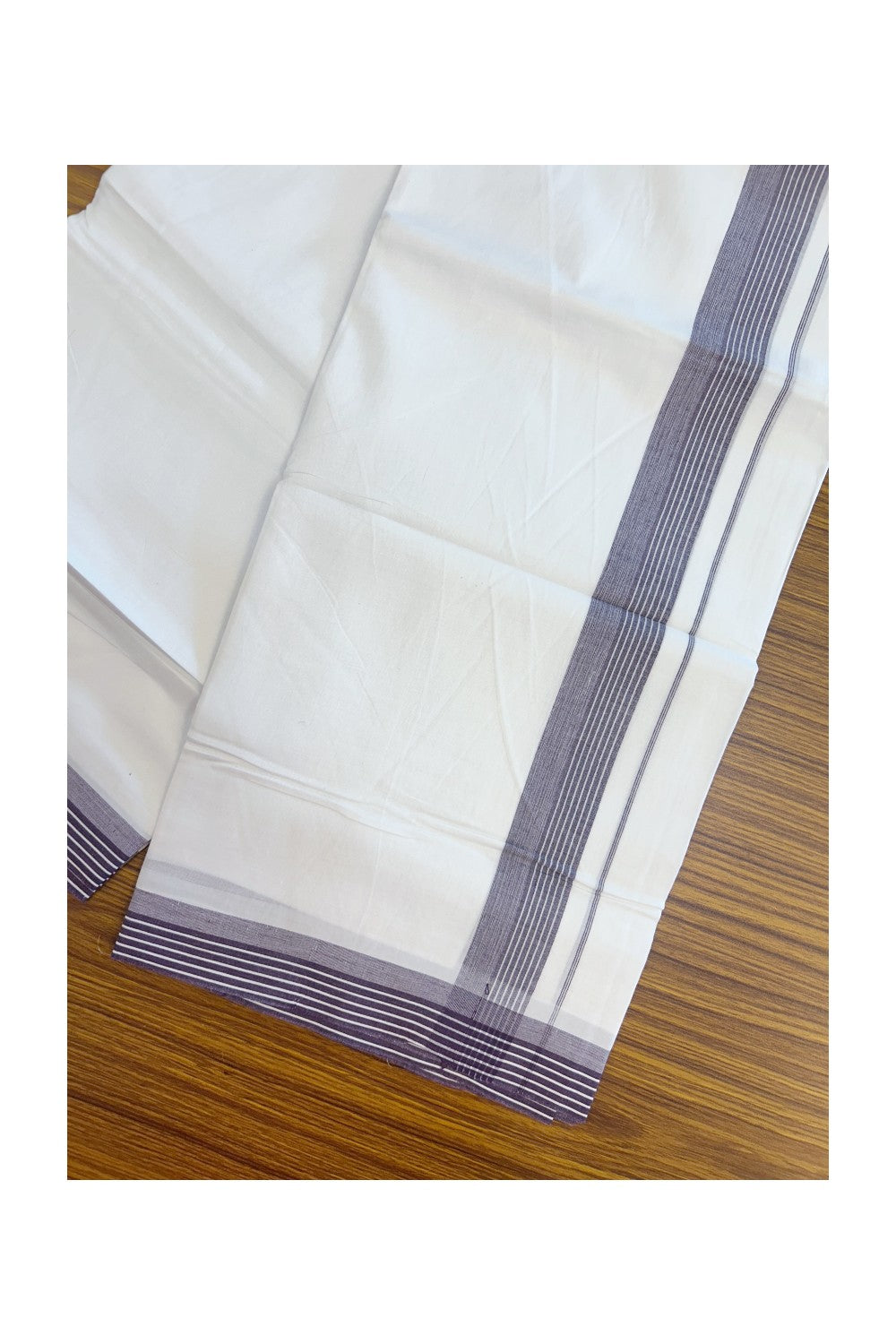 20% Discount ! Kaitharikada Balaramapuram 100% Cotton PURE WHITE Double Mundu/Dothi - 100x80 - 1.25 inch Wine Stripes Shaded Kara 3.75 mtr (8 muzham) - 52KK5220 THI