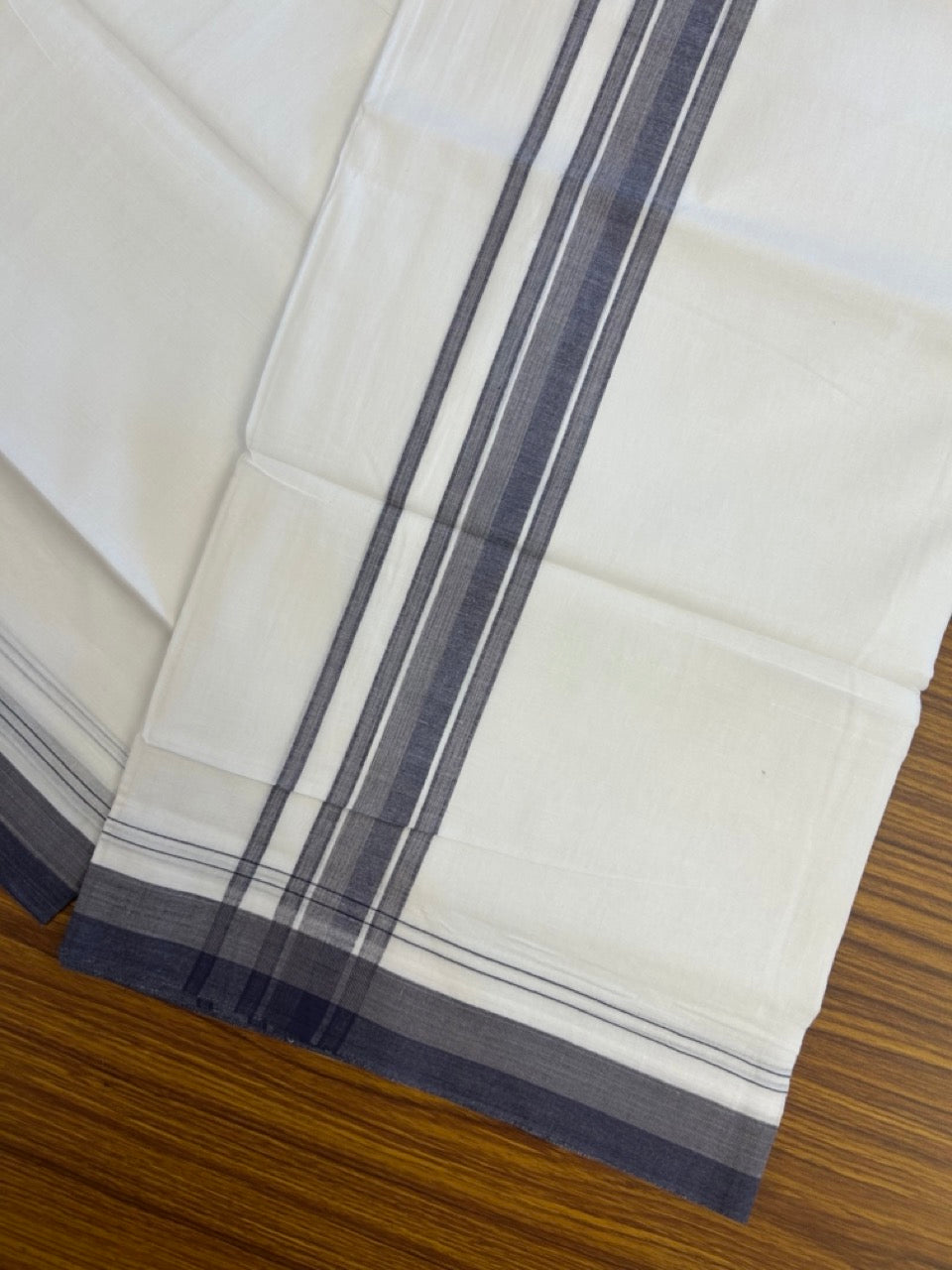 20% Discount ! NEW! KaithariKada Balaramapuram 100% Cotton Pure white Double Mundu/Dhoti - (100x80)s - 1.5 inch Navy Ash Mix Stripes Kara - 54 KK5249 VIN