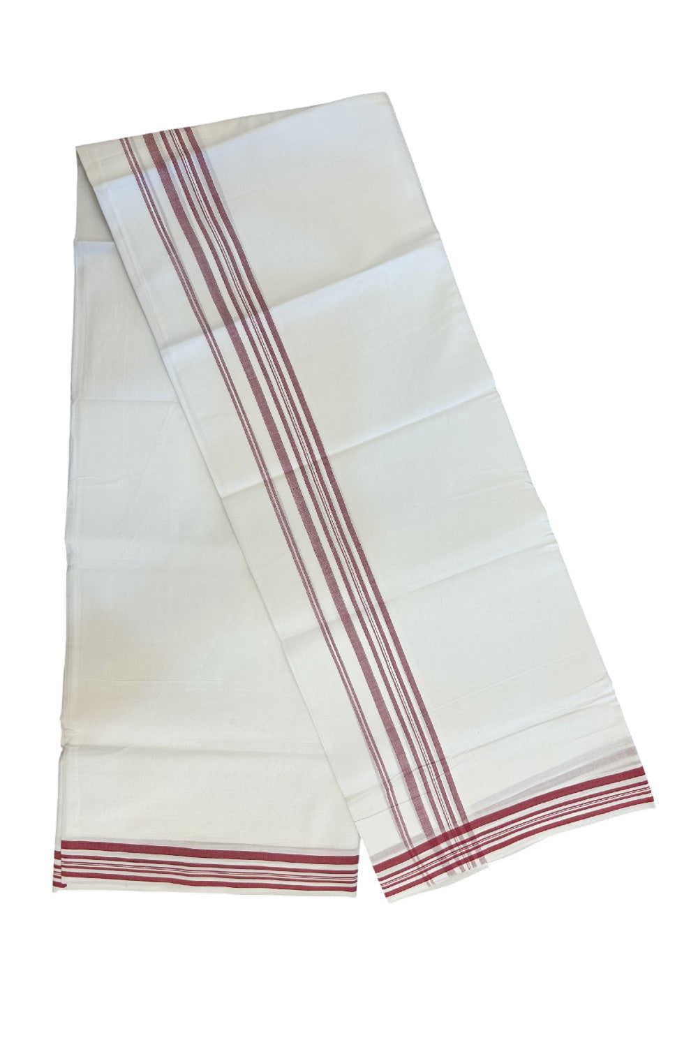 20% DISCOUNT!! Kaitharikada Balaramapuram 100% Cotton PURE WHITE Double Mundu/Dothi- 100x80 - 1.5 Inch Light Maroon Shaded Striped Kara - 56KK5174THI