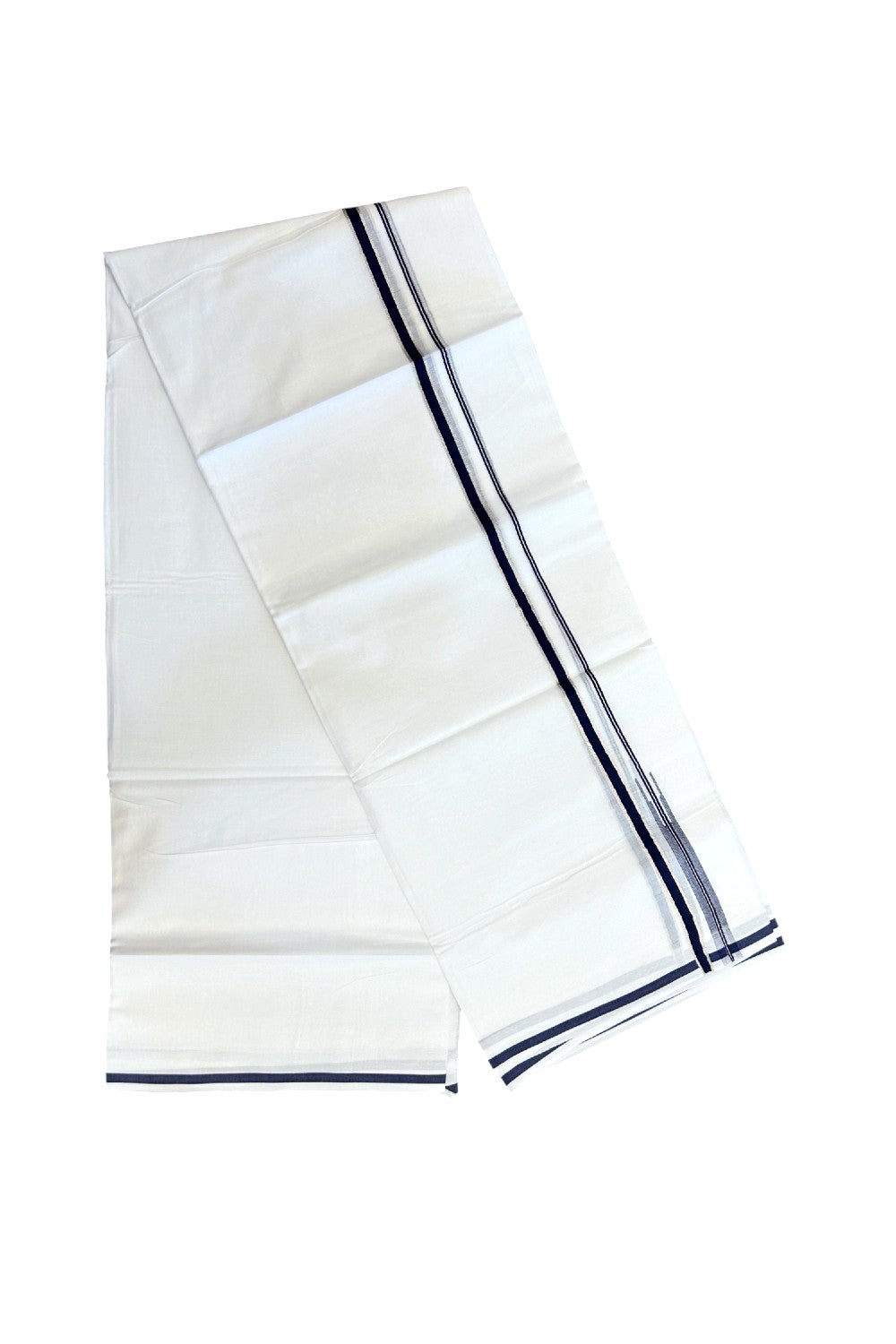 20% Discount !! Kaitharikada Balaramapuram 100% Cotton PURE WHITE Double Mundu/Dothi - 100x80 - 0.25 inch Silver Kasavu & Navy Blue Striped Chutty Kara - 55KK5191CKS