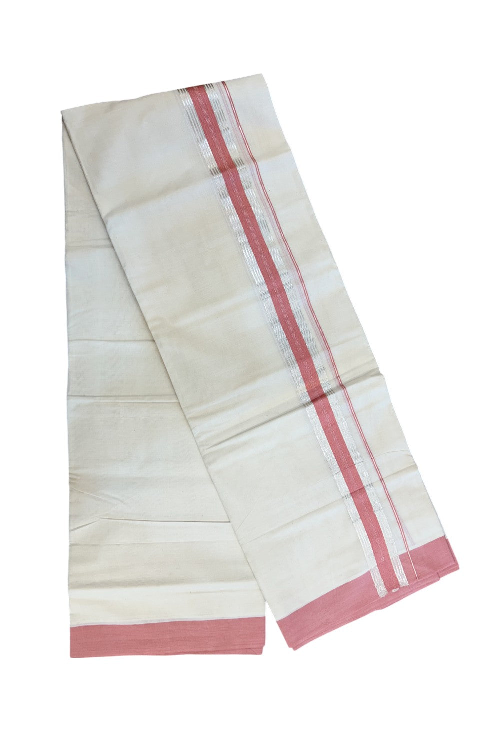 20% Discount ! KaithariKada Balaramapuram 100% Cotton Double OFF WHITE - (Unbleached) - Mundu / Dhoti- 100x80 - 1.5 inch Silver stripes Rose Pink kara - 55KK5213 VIN