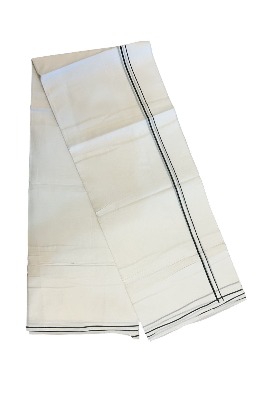 20% Discount ! Kaitharikada Balaramapuram 100% Cotton PURE WHITE Double Mundu/Dothi - 100x100 - 0.5 cm Dark Olive Green thin Kara - 55KK5217 CKS
