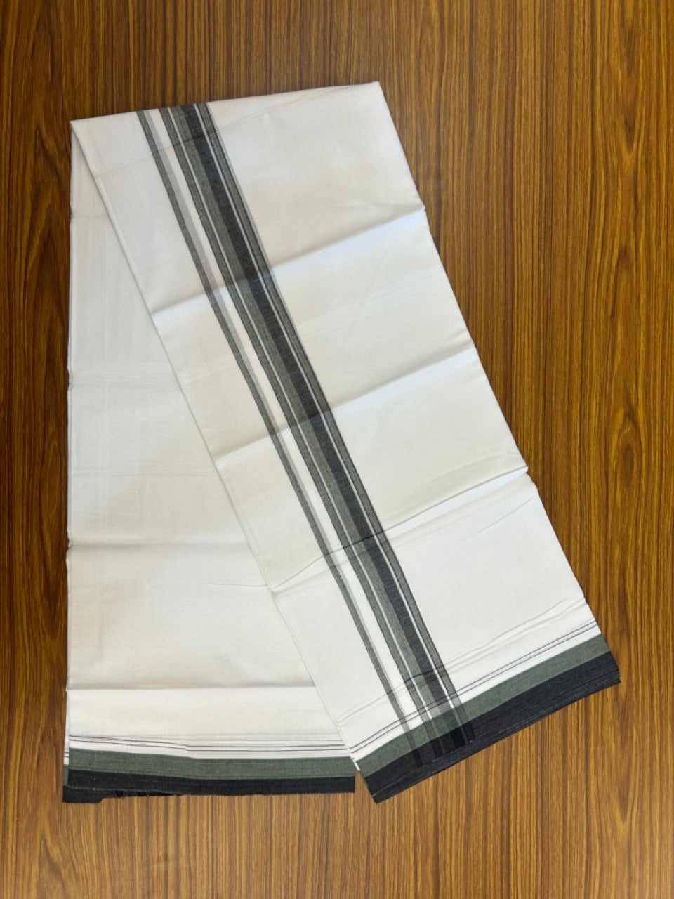 20% Discount ! NEW! KaithariKada Balaramapuram 100% Cotton Pure white Double Mundu/Dhoti - (100x80)s - 1.5 inch Green Black Stripes Kara - 55 KK5249 VIN