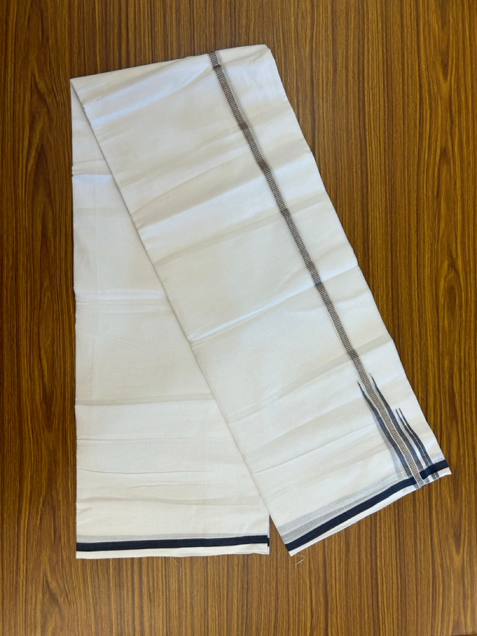 20% Discount ! NEW! KaithariKada Balaramapuram 100% Cotton Pure white Double Mundu/Dhoti - (100x80)s - 0.75 inch Dark Navy Blue Chutty Silver Kasav - 55 KK5252 CKS