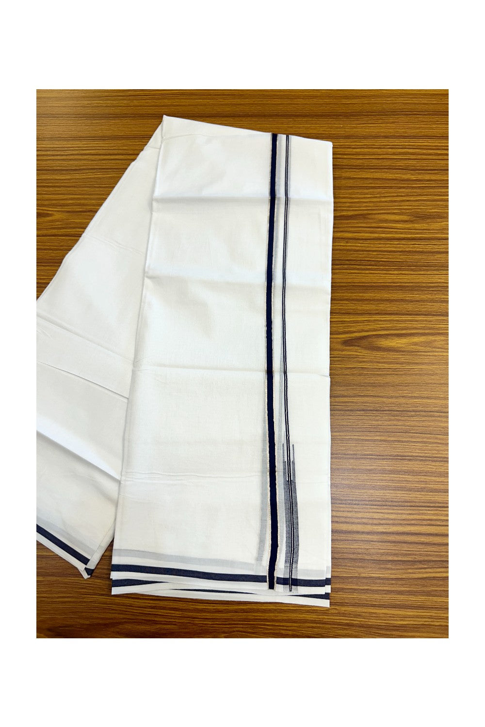 20% Discount !! Kaitharikada Balaramapuram 100% Cotton PURE WHITE Double Mundu/Dothi - 100x80 - 0.25 inch Silver Kasavu & Navy Blue Striped Chutty Kara - 55KK5191CKS