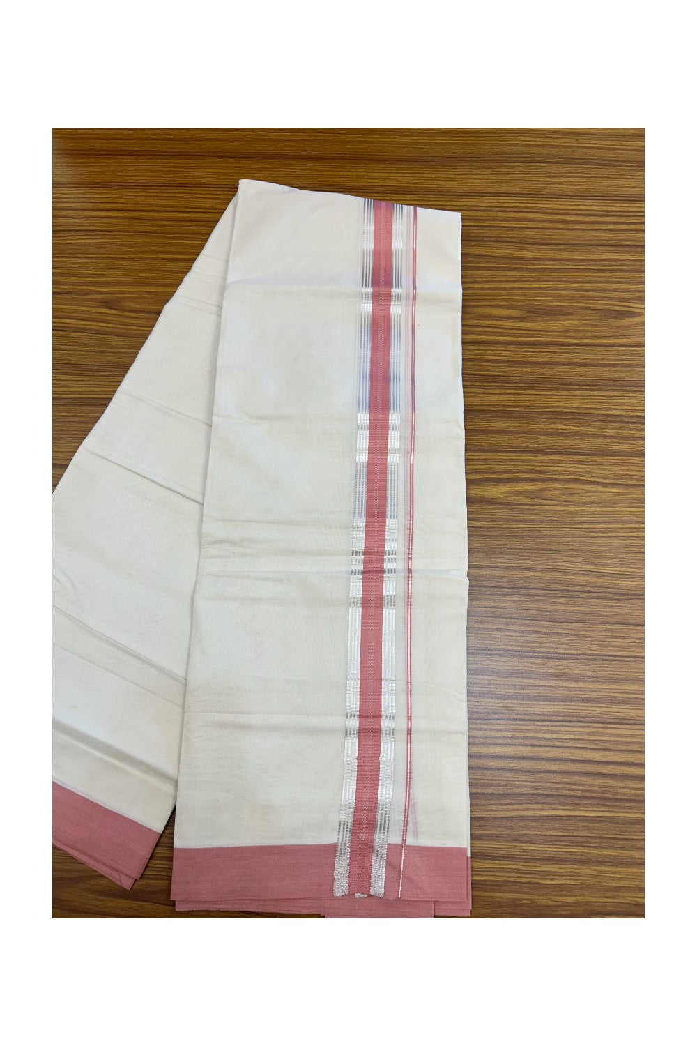 20% Discount ! KaithariKada Balaramapuram 100% Cotton Double OFF WHITE - (Unbleached) - Mundu / Dhoti- 100x80 - 1.5 inch Silver stripes Rose Pink kara - 55KK5213 VIN
