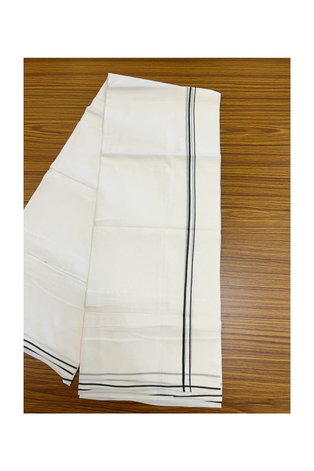 20% Discount ! Kaitharikada Balaramapuram 100% Cotton PURE WHITE Double Mundu/Dothi - 100x100 - 0.5 cm Dark Olive Green thin Kara - 55KK5217 CKS
