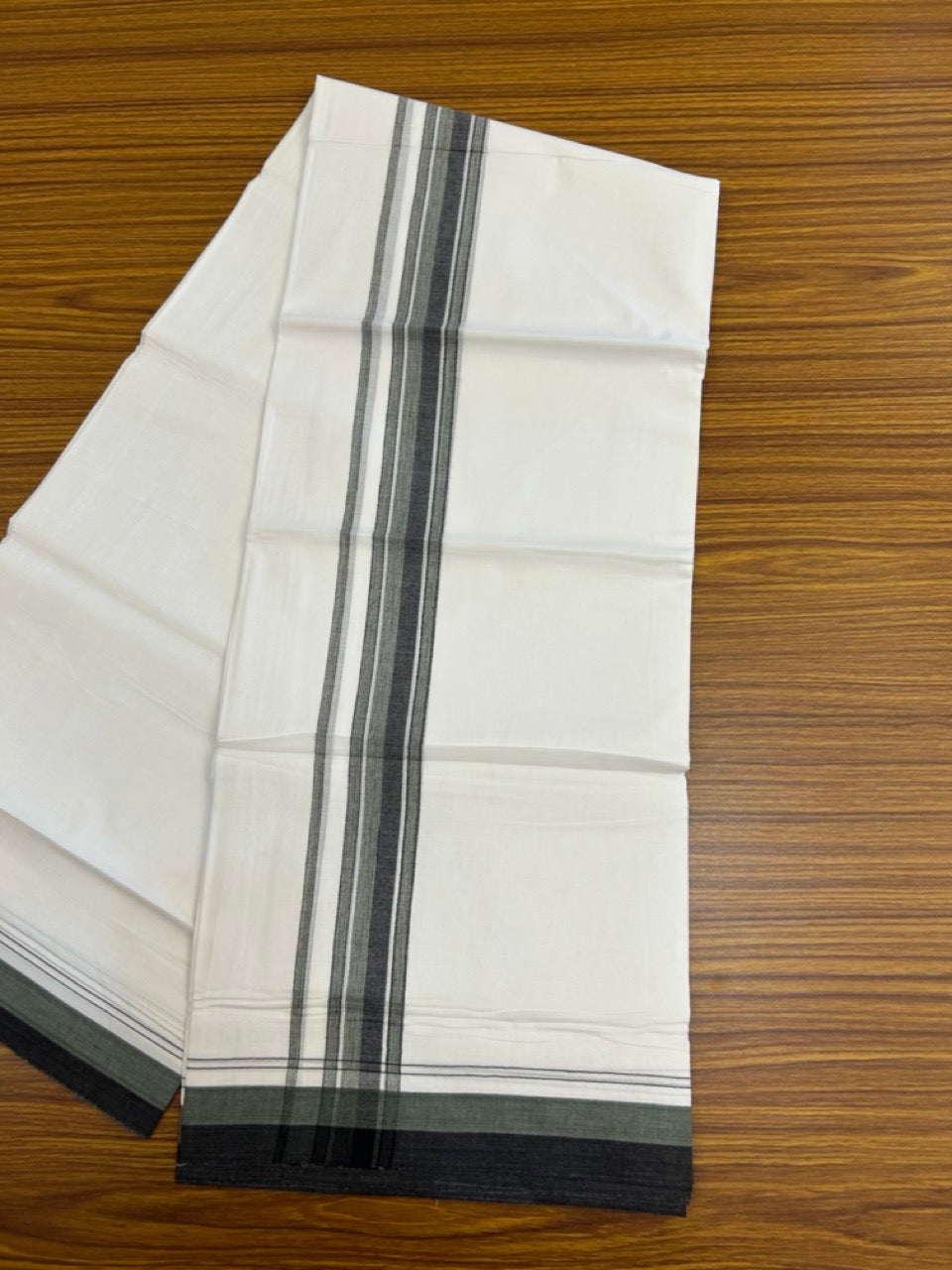 20% Discount ! NEW! KaithariKada Balaramapuram 100% Cotton Pure white Double Mundu/Dhoti - (100x80)s - 1.5 inch Green Black Stripes Kara - 55 KK5249 VIN