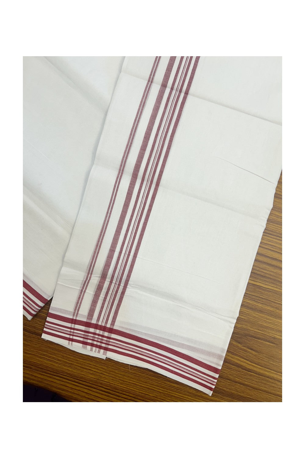 20% DISCOUNT!! Kaitharikada Balaramapuram 100% Cotton PURE WHITE Double Mundu/Dothi- 100x80 - 1.5 Inch Light Maroon Shaded Striped Kara - 56KK5174THI