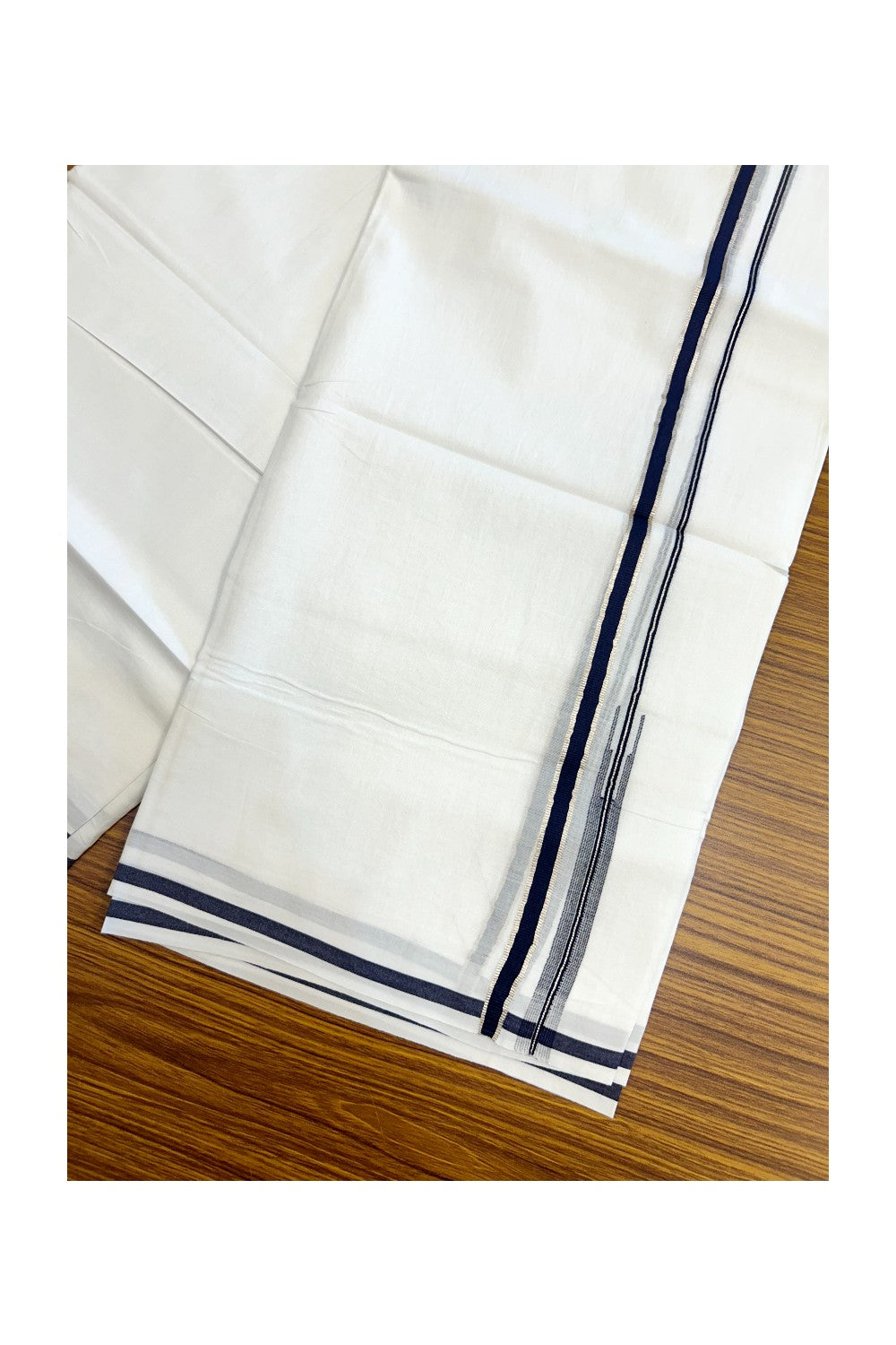 20% Discount !! Kaitharikada Balaramapuram 100% Cotton PURE WHITE Double Mundu/Dothi - 100x80 - 0.25 inch Silver Kasavu & Navy Blue Striped Chutty Kara - 55KK5191CKS