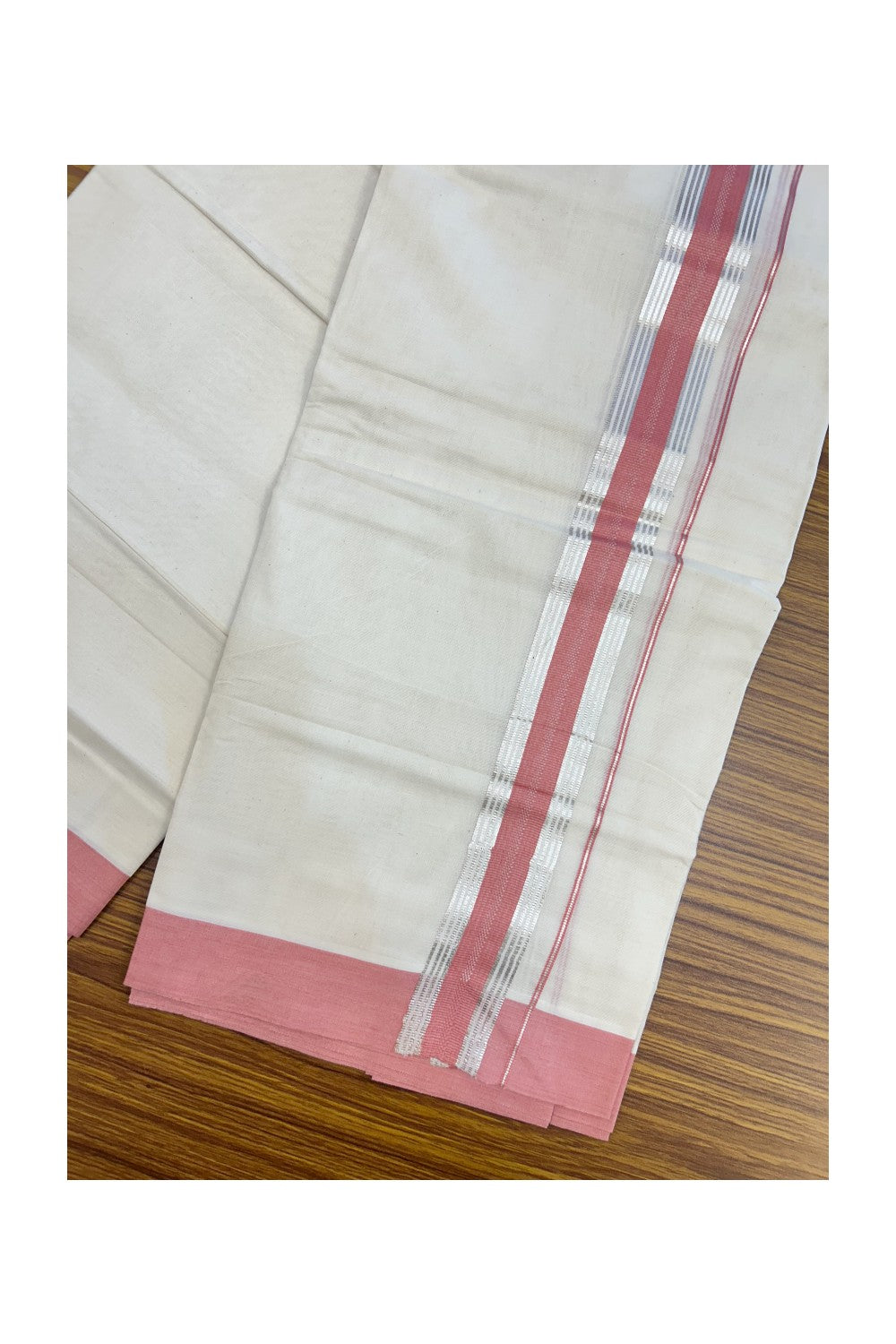 20% Discount ! KaithariKada Balaramapuram 100% Cotton Double OFF WHITE - (Unbleached) - Mundu / Dhoti- 100x80 - 1.5 inch Silver stripes Rose Pink kara - 55KK5213 VIN