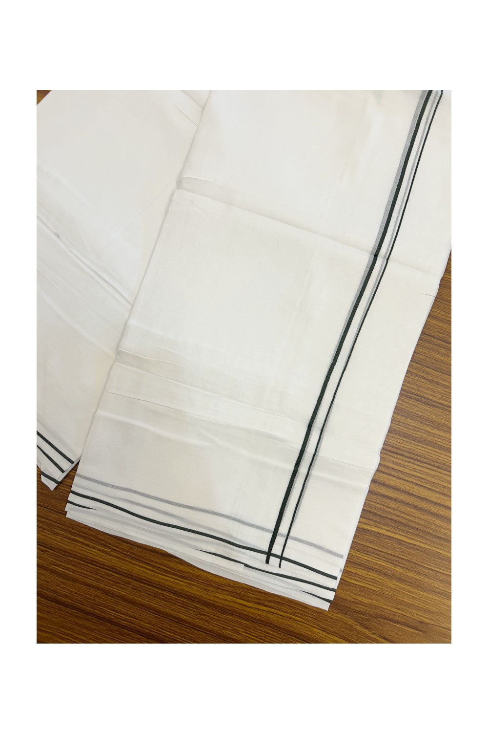 20% Discount ! Kaitharikada Balaramapuram 100% Cotton PURE WHITE Double Mundu/Dothi - 100x100 - 0.5 cm Dark Olive Green thin Kara - 55KK5217 CKS