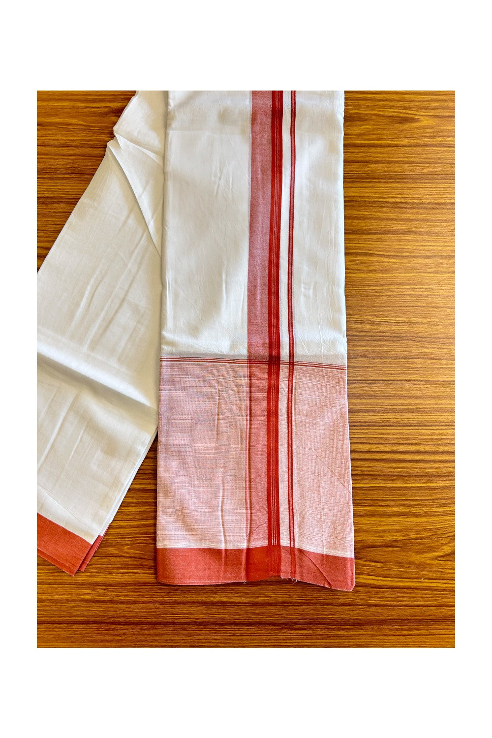 15% Discount!! Kaitharikada Balaramapuram 100% Cotton Pure White Double Mundu/Dothi-100x100  2 Inch Brick Red Shaded Cotton Kara 3.75m (8 Muzham) - 55KK74RAM
