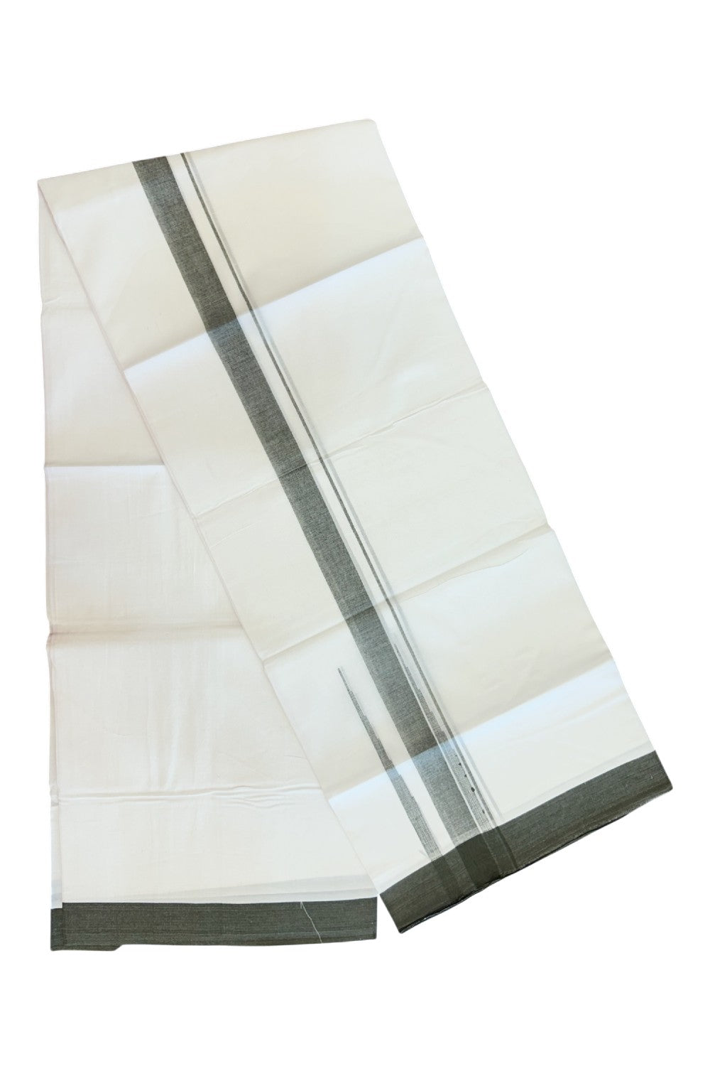 20% Discount ! Kaitharikada Balaramapuram 100% Cotton PURE WHITE Double Mundu/Dothi - 100x80 - 1.5 inch Dark Olive Green Shaded Chutty Kara - 56KK5182VAS