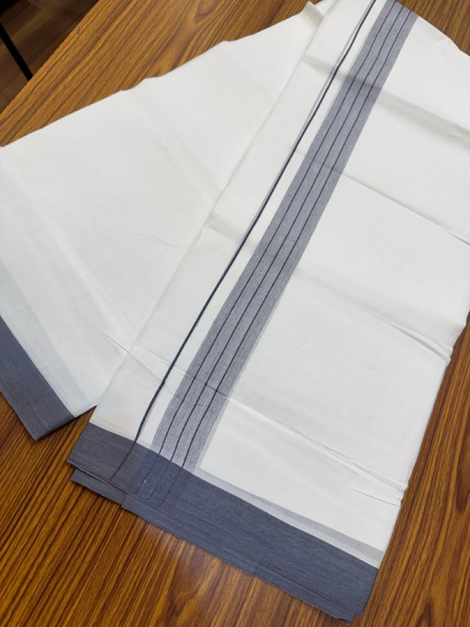 4.5 Meters (10 Muzham) - Pure white double 25% Discount ! KaithariKada Balaramapuram - 100% Pure Cotton 100x80 - Mundu/Dothi - 1.5 inch Navy Blue Ash Mix Shaded Kara - 56 KK5258 THI