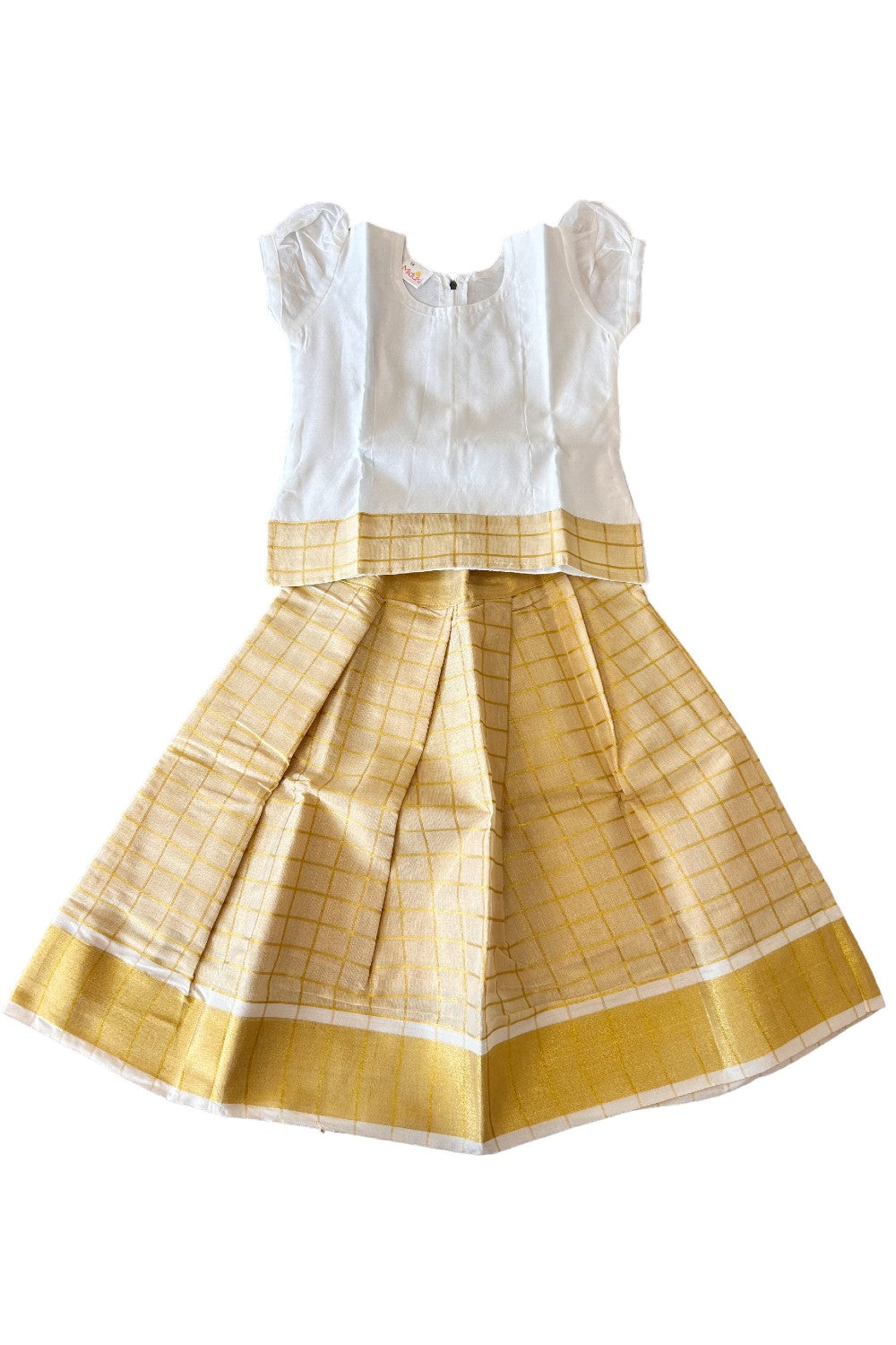 Midukki-Traditional South Indian Kids Pattu Pavada- white top golden tissue check skirt- Age 3 - KK3MID0056