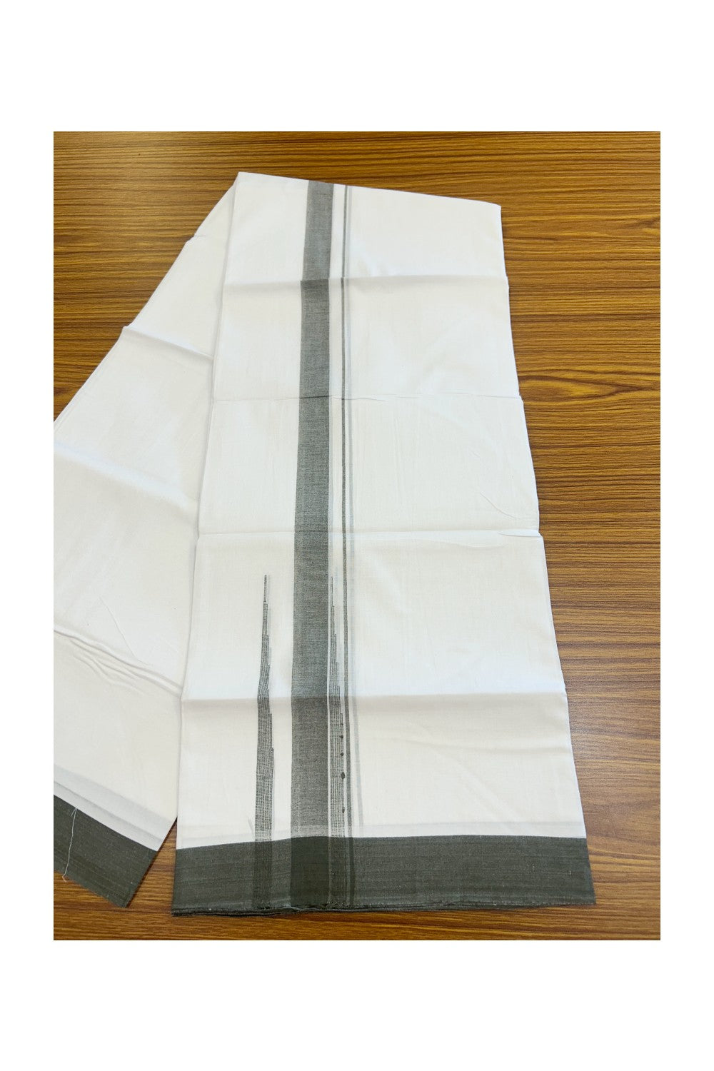 20% Discount ! Kaitharikada Balaramapuram 100% Cotton PURE WHITE Double Mundu/Dothi - 100x80 - 1.5 inch Dark Olive Green Shaded Chutty Kara - 56KK5182VAS