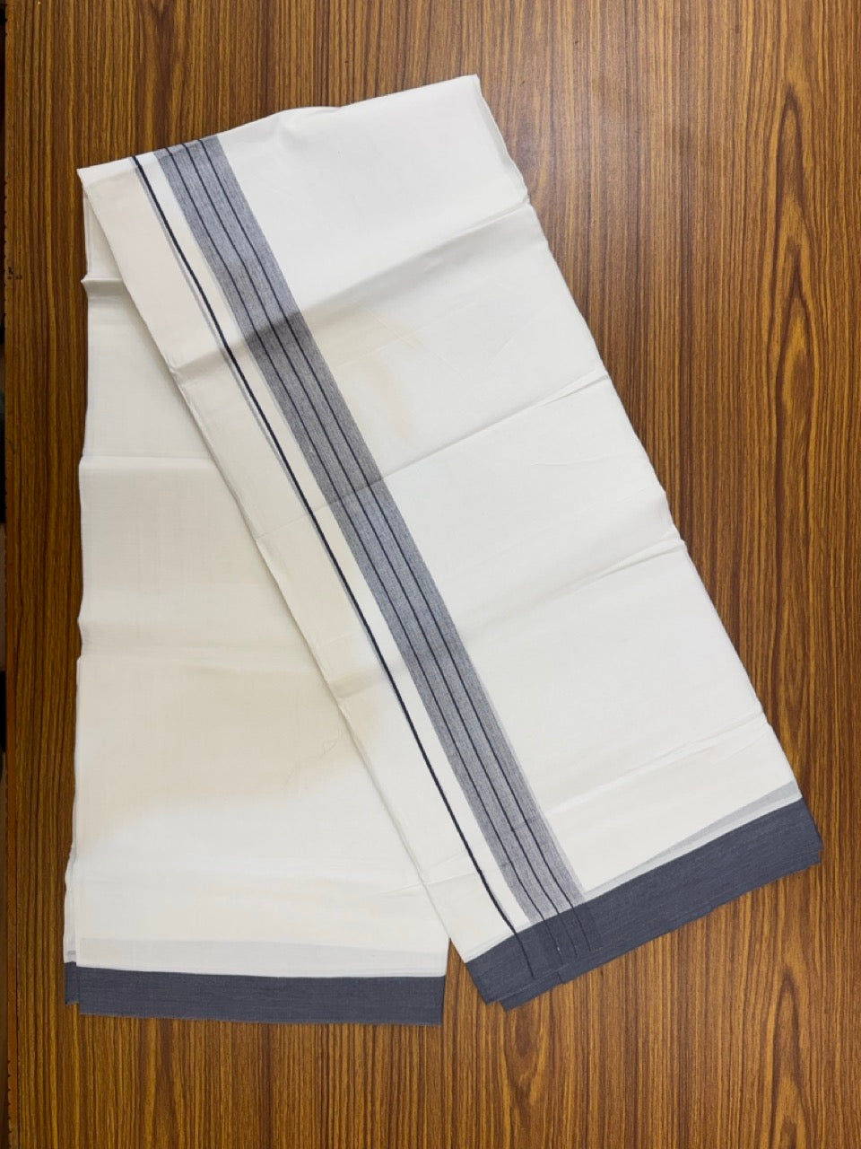 4.5 Meters (10 Muzham) - Pure white double 25% Discount ! KaithariKada Balaramapuram - 100% Pure Cotton 100x80 - Mundu/Dothi - 1.5 inch Navy Blue Ash Mix Shaded Kara - 56 KK5258 THI