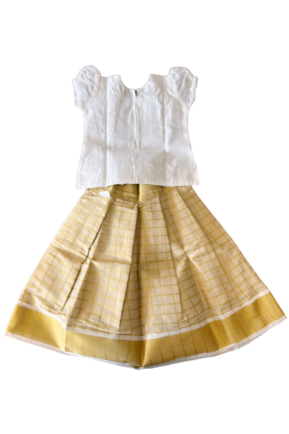 Midukki-Traditional South Indian Kids Pattu Pavada- white top golden tissue check skirt- Age 3 - KK3MID0056