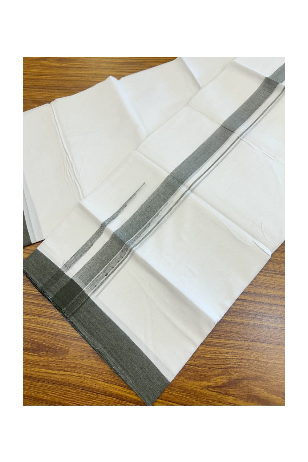 20% Discount ! Kaitharikada Balaramapuram 100% Cotton PURE WHITE Double Mundu/Dothi - 100x80 - 1.5 inch Dark Olive Green Shaded Chutty Kara - 56KK5182VAS