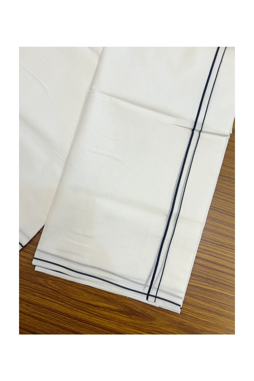20% Discount ! Kaitharikada Balaramapuram 100% Cotton PURE WHITE Double Mundu/Dothi - 100x100 - 0.5 cm Navy Blue thin Kara - 56KK5217 CKS