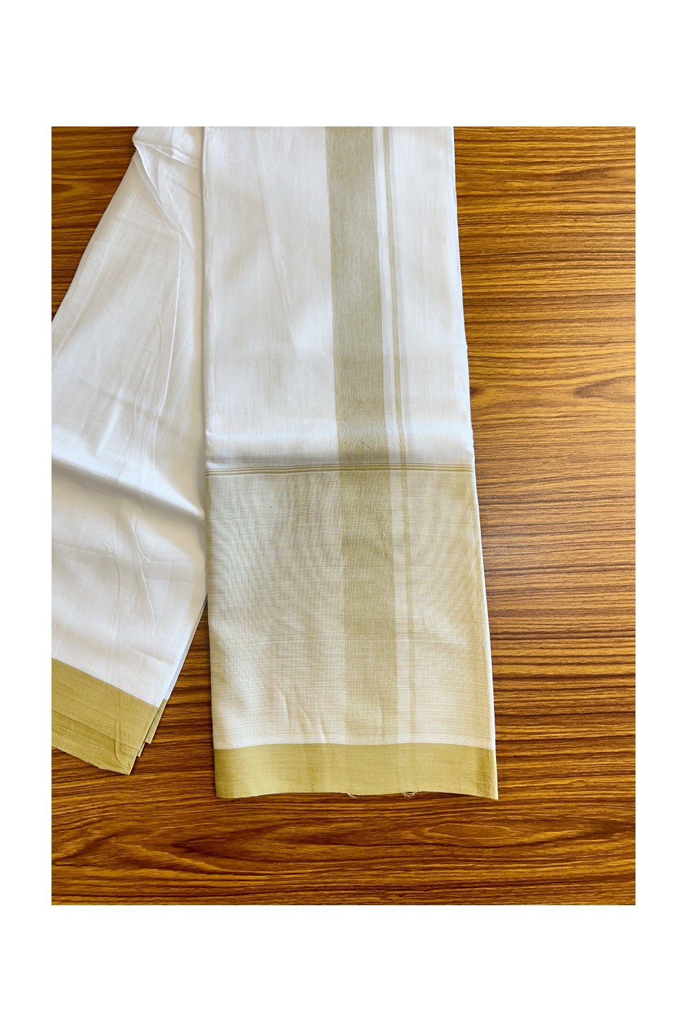 15% Discount!! Kaitharikada Balaramapuram 100% Cotton Pure White Double Mundu/Dothi-100x100 2 Inch Light Yellow Shaded Cotton Kara 3.75m (8 Muzham) - 56KK74RAM
