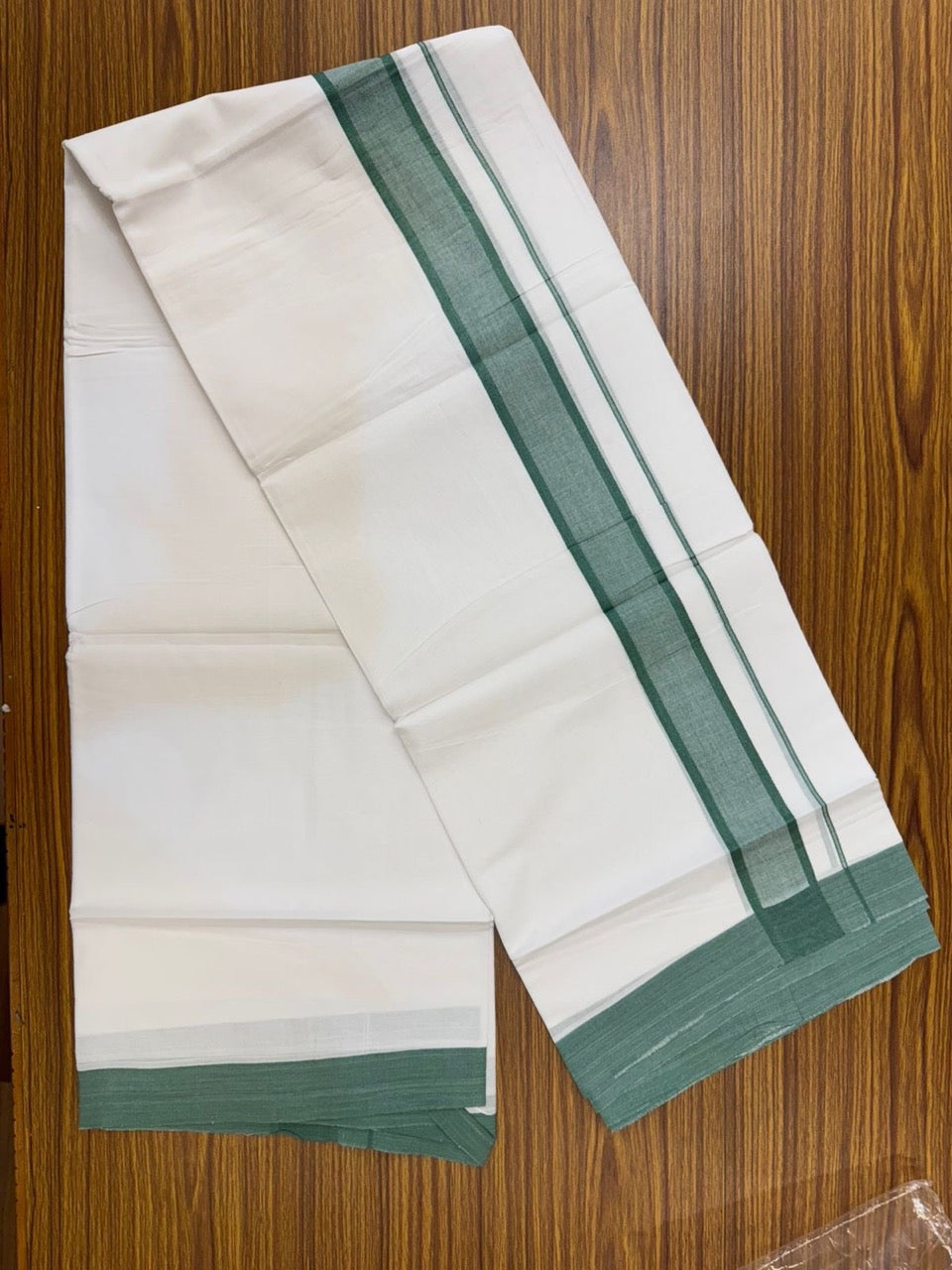 20% Discount ! KaithariKada Balaramapuram 100% Cotton Double Pure white Mundu/Dhoti- 100x80 - 1.75 inch Mint Green shaded Kara - 3.90mtr ( 8 muzham) - 33 KK5251 PMC