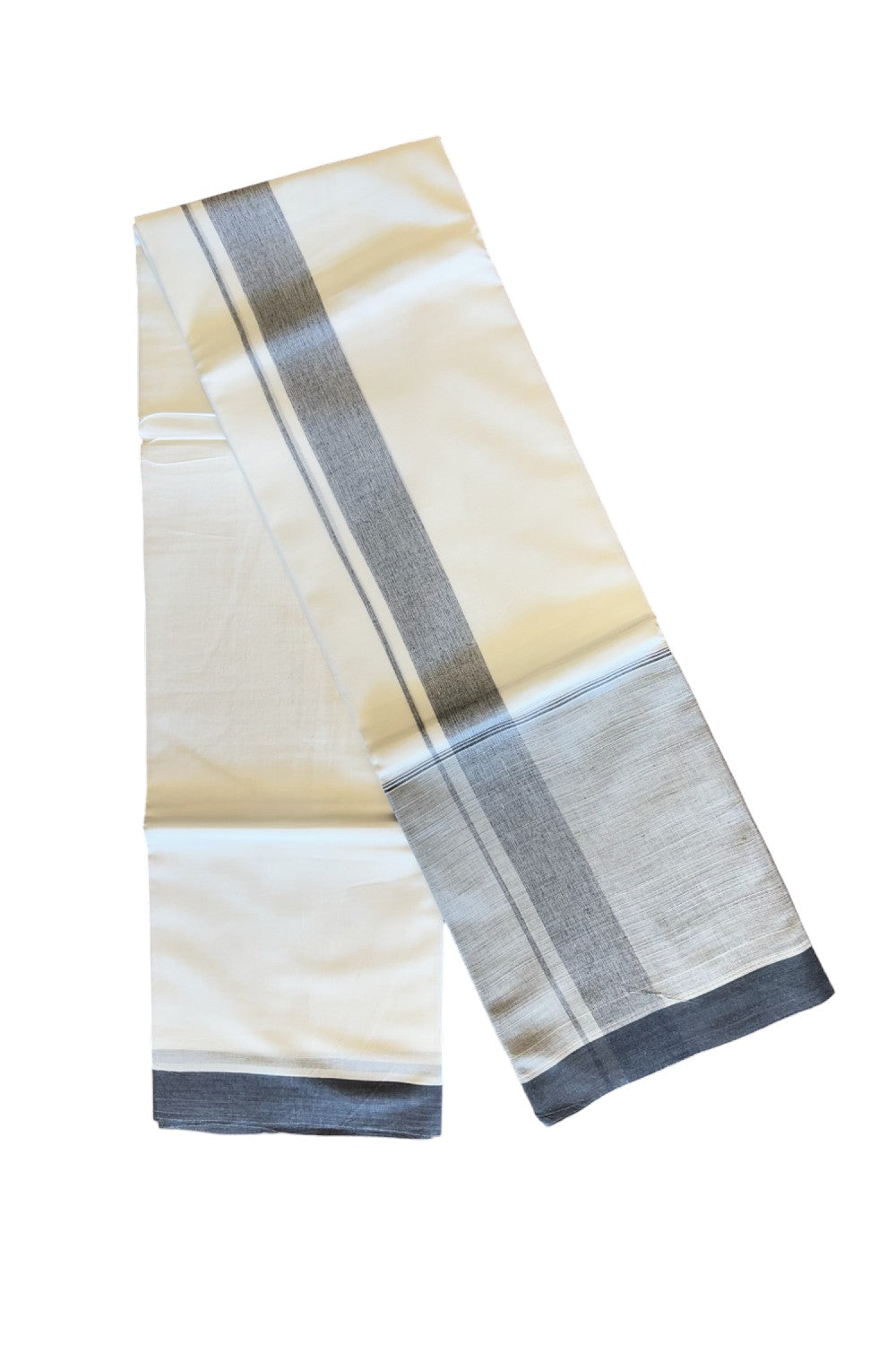 15% Discount!! Kaitharikada Balaramapuram 100% Cotton Pure White Double Mundu/Dothi-100x100   2.25 Inch  Ash Grey Shaded Cotton Kara 3.75m (8 Muzham) - 57KK74RAM