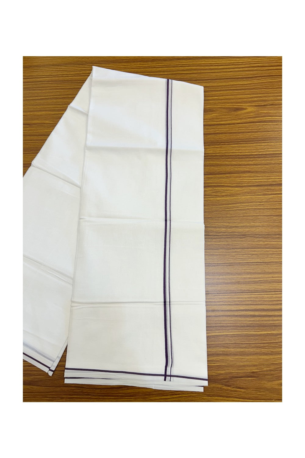 20% Discount ! Kaitharikada Balaramapuram 100% Cotton PURE WHITE Double Mundu/Dothi - 100x100 - 0.5 cm Wine Purple thin Kara - 57KK5217 CKS