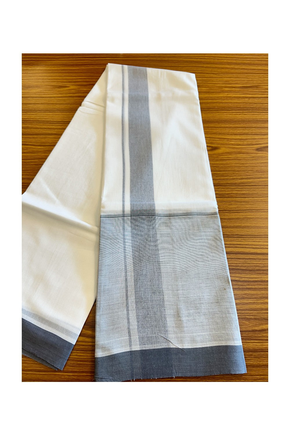 15% Discount!! Kaitharikada Balaramapuram 100% Cotton Pure White Double Mundu/Dothi-100x100   2.25 Inch  Ash Grey Shaded Cotton Kara 3.75m (8 Muzham) - 57KK74RAM