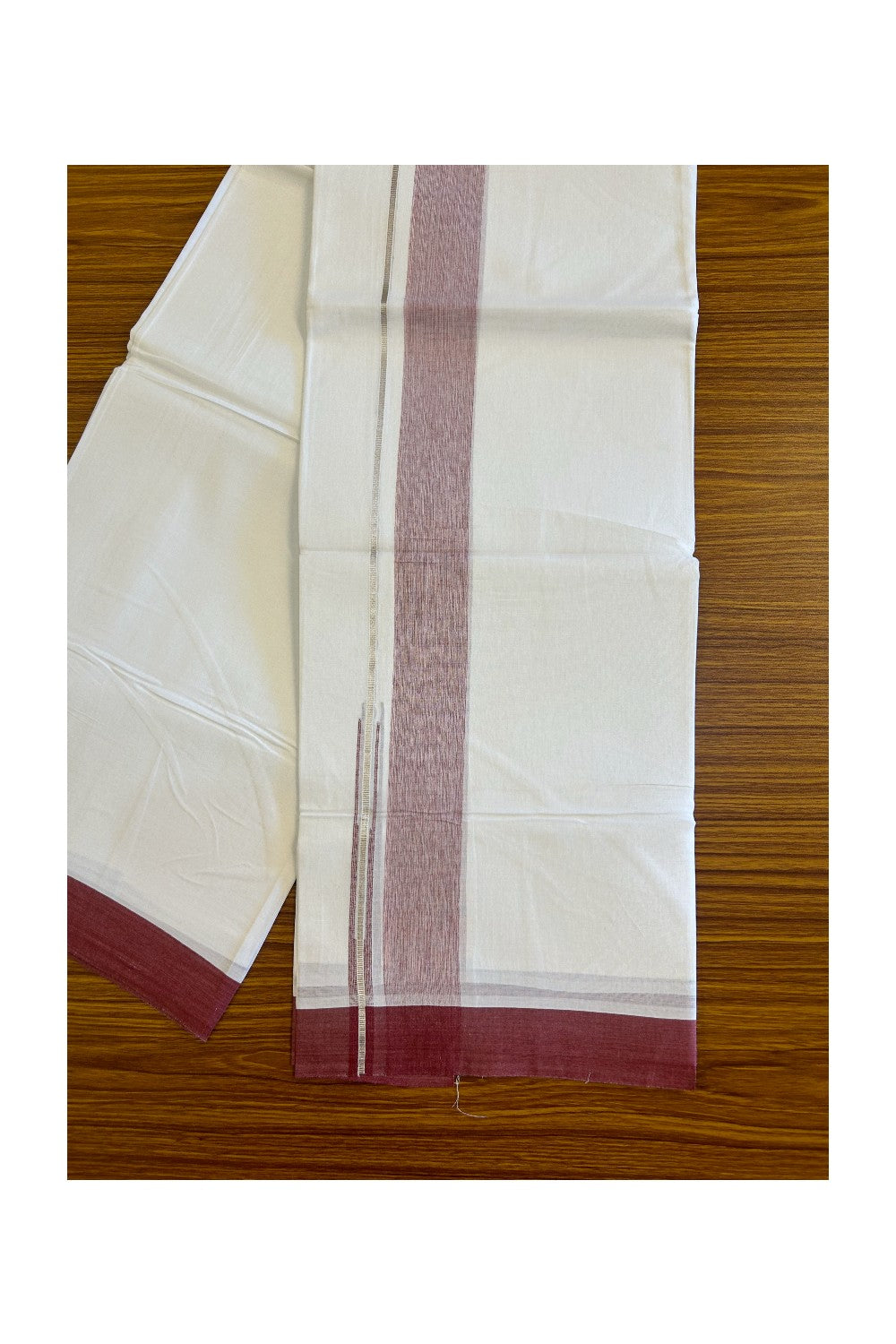 15% Discount!! Kaitharikada Balaramapuram 100% Cotton Pure White Double Mundu/Dhoti-100x90  1.5 inch Puliyilakkara chutty silver kasav & Maroon shaded kara - 57KK430VAS