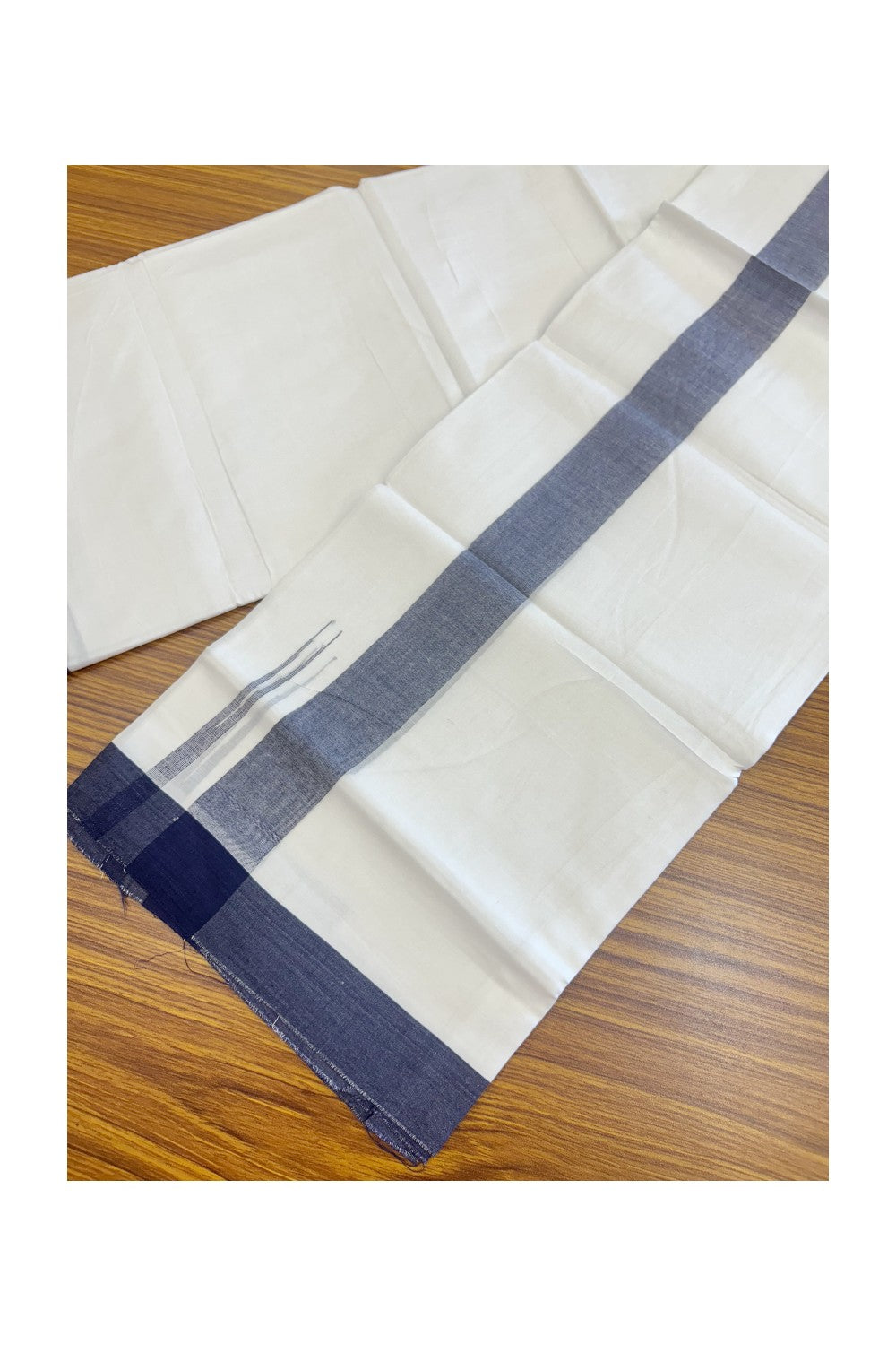 20% Discount ! Kaitharikada Balaramapuram 100% Cotton PURE WHITE Double Mundu/Dothi - 100x80 - 1.5 inch Navy Blue Shaded Chutty Kara - 57KK5182VAS